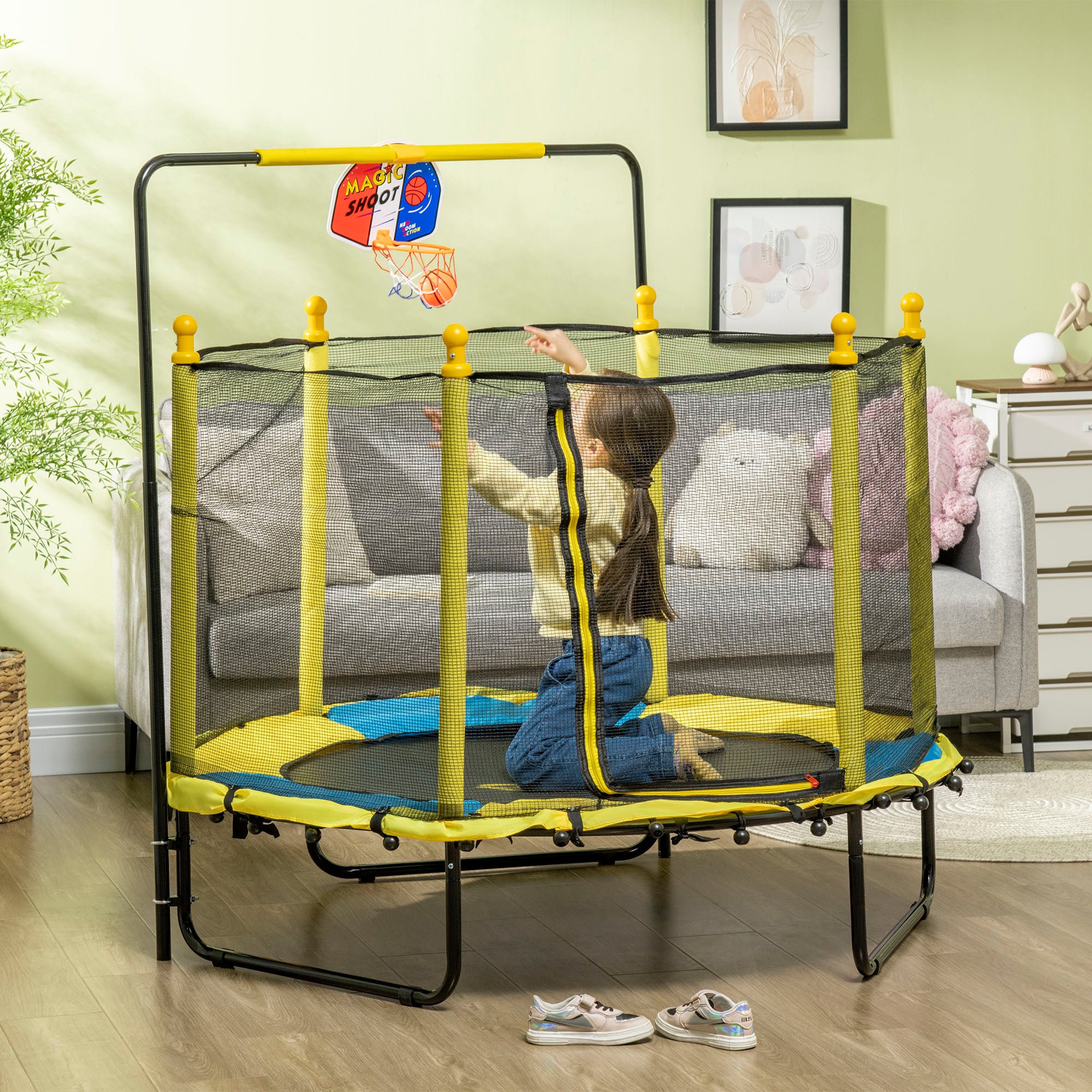4.6ft Kids Trampoline with Basketball Hoop, Horizontal Bar with Net for Children Ages 3-10, Yellow Trampolines at Gallery Canada