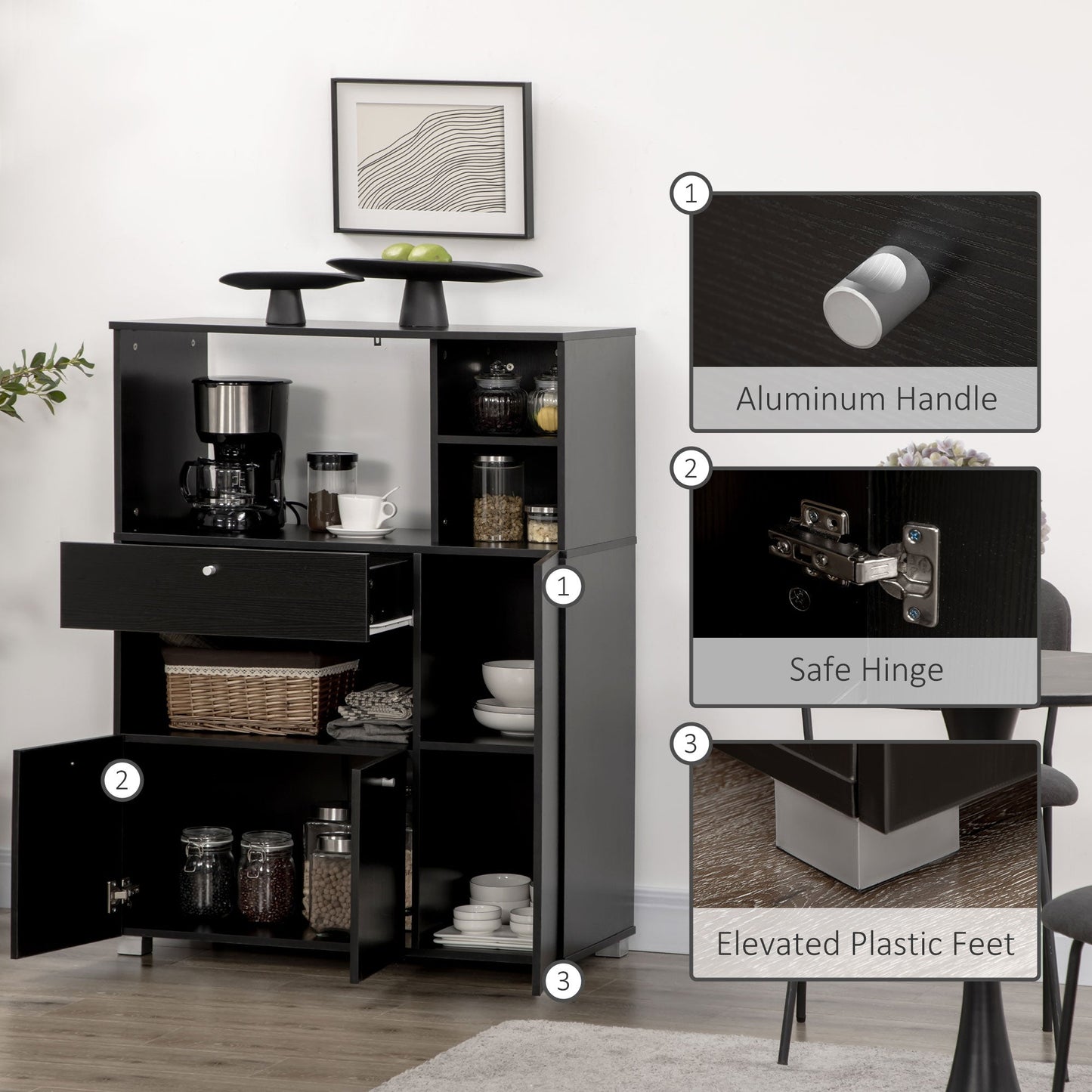 Compact Kitchen Pantry Buffet Server Hutch Storage Cabinet with Microwave Oven Stand Drawer and Shelves, Black Kitchen Pantry Cabinets   at Gallery Canada