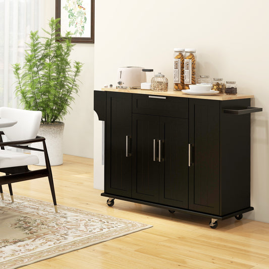 Modern Rolling Kitchen Island Cart with Drawers, Natural Wood Top, Towel Rack, Door Storage Cabinet, Black Kitchen Islands & Kitchen Carts   at Gallery Canada