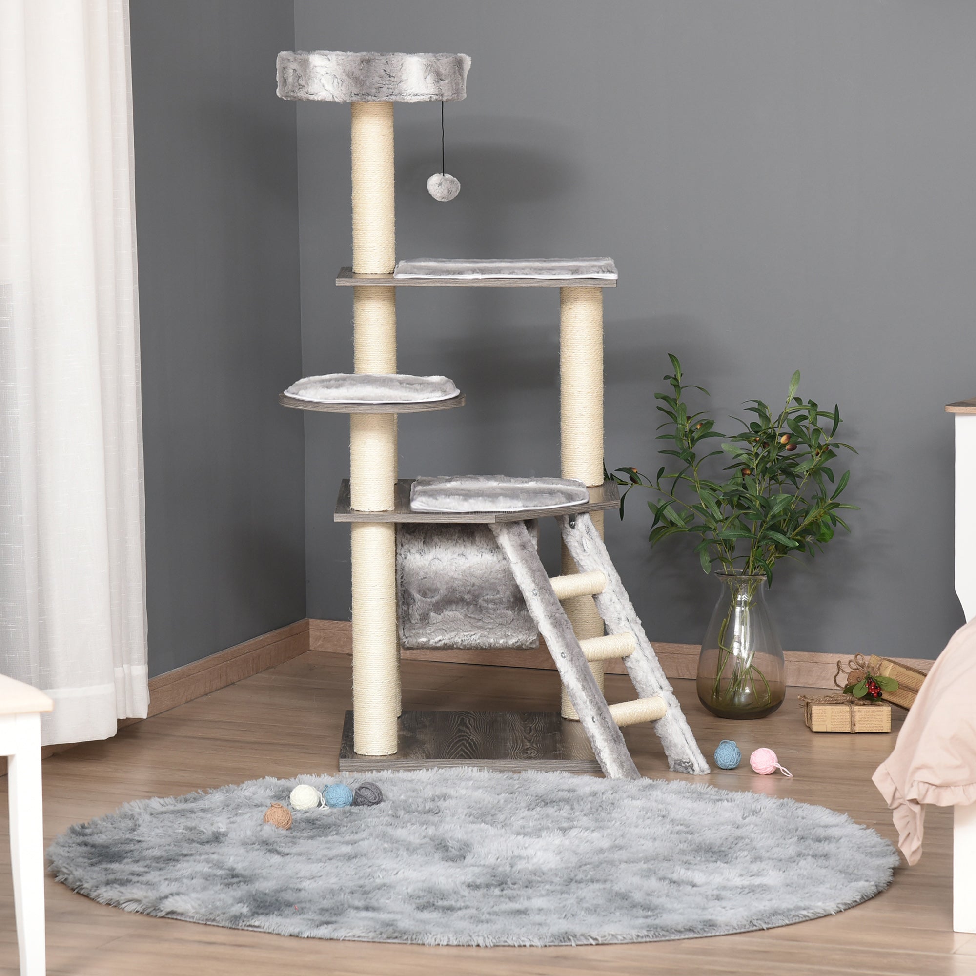 Cat tree Tower Climbing Kitten Activity Center Furniture with Sisal Scratching Post Tunnel Ladder Perch Hanging Balls 21.25