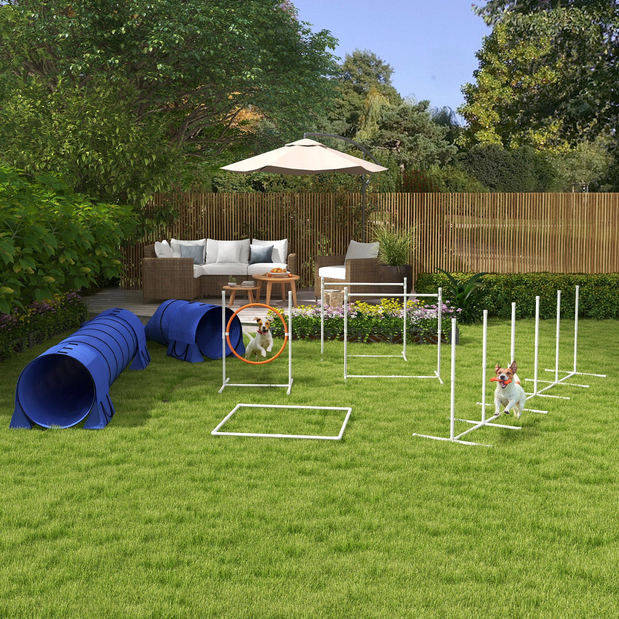 7 Pcs Dog Agility Kit w/ Tunnels, Weave Poles, Adjustable Hurdles, Jump Ring, Pause Box, Whistle, Carry Bag, Blue Dog Agility Training Equipment at Gallery Canada