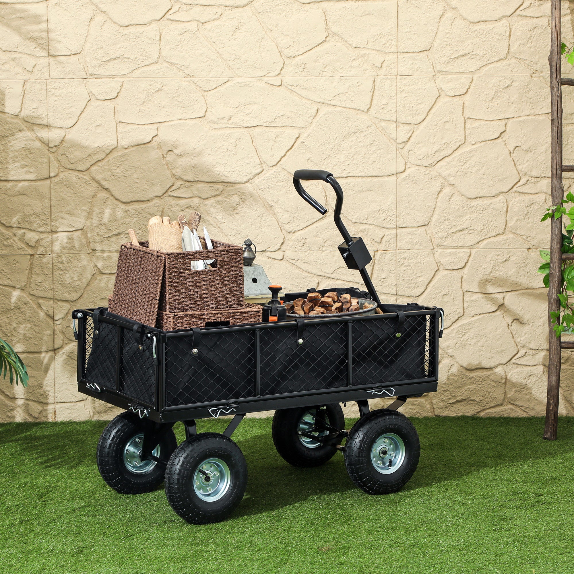 Steel Garden Cart, Utility Wagon Cart with Removable Liner, Quick-Release Sides, 10