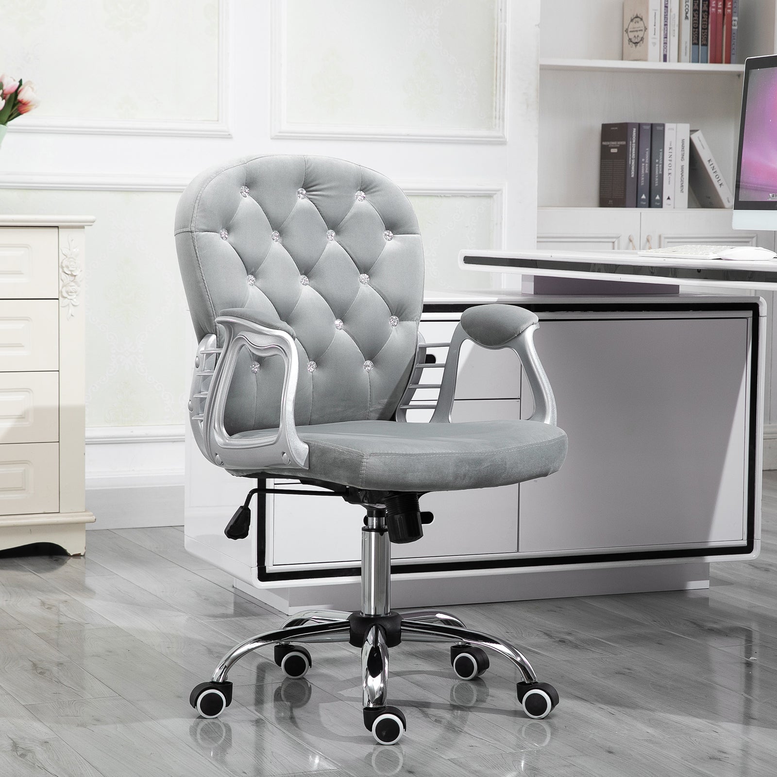Velvet Vanity Office Chair, Button Tufted Swivel Chair with Adjustable Height, Padded Armrests and Tilt Function, Grey Task Chairs at Gallery Canada