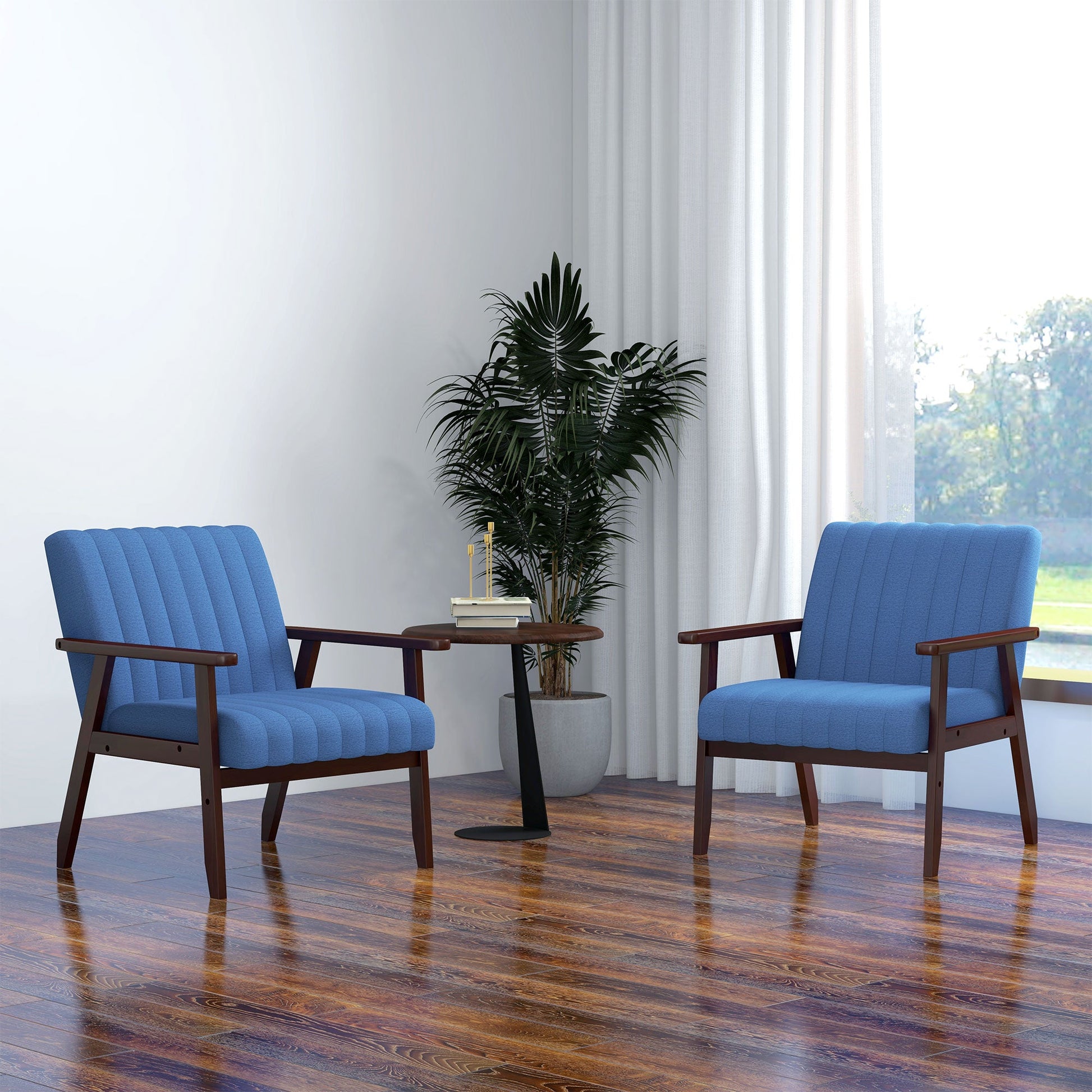 Set of 2 Accent Chairs, Modern Upholstered Armchairs for Living Room with Wooden Legs and Tufting Design, Dark Blue Accent Chairs   at Gallery Canada