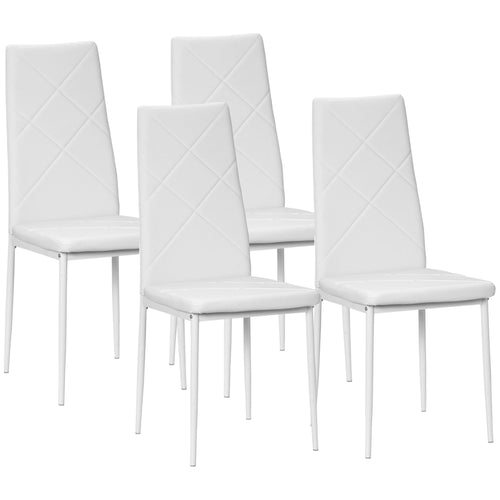 Dining Chairs Set of 4, Modern Accent Chair with High Back, Upholstery Faux Leather and Steel Legs for Living Room, Kitchen, White