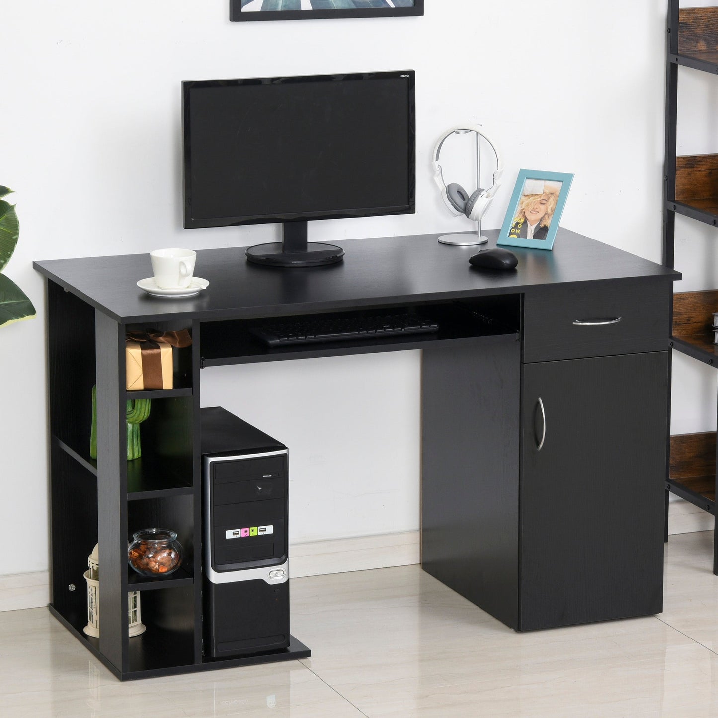 47.25" Computer Desk with Keyboard Tray, CPU Stand, Writing Desk with Drawer and Storage Shelves, Black Computer Desks   at Gallery Canada