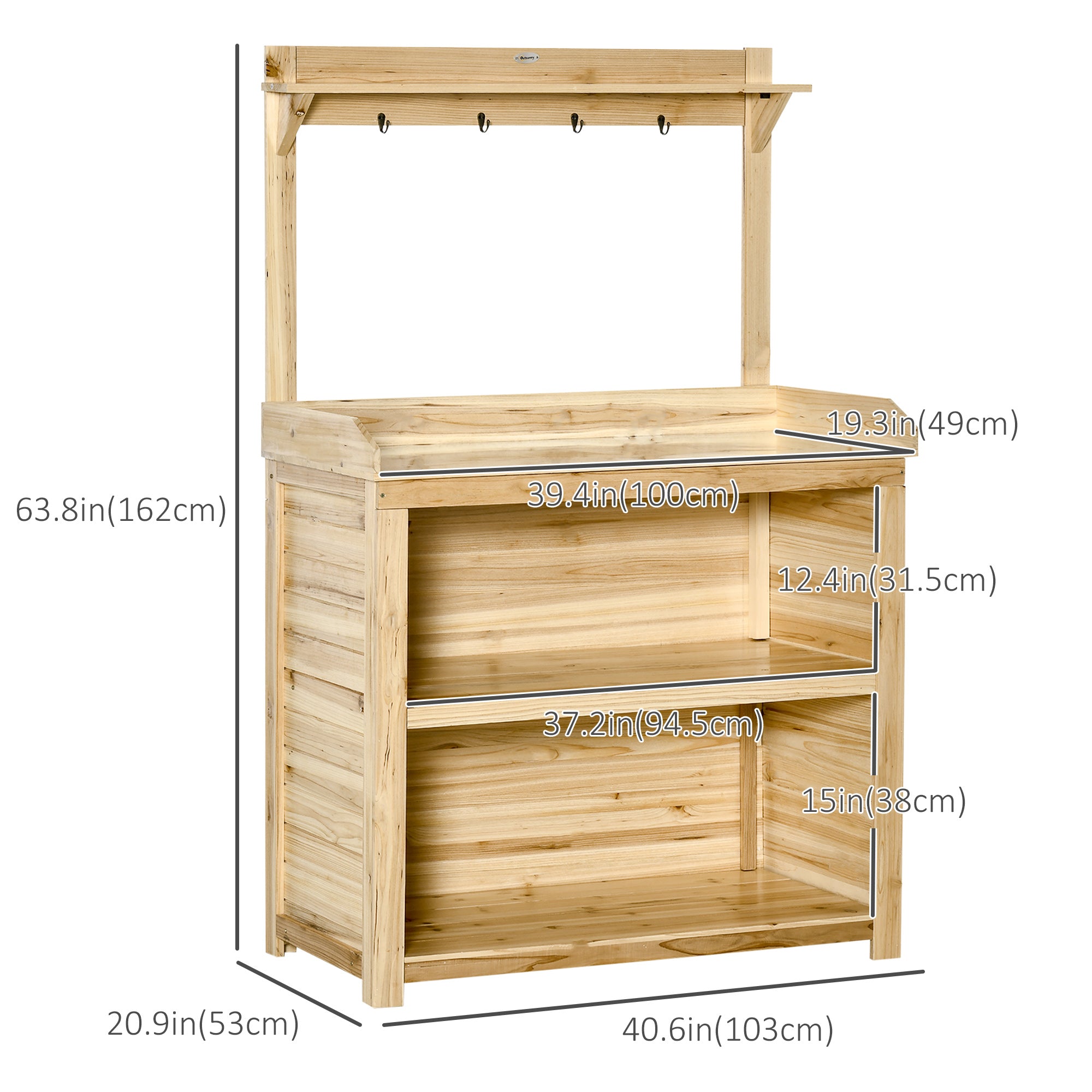 Potting Bench Table, Wooden Garden Workstation Bench with Galvanized Metal Tabletop, Storage Shelves and Hooks for Patios, Courtyards, Balcony Potting Benches & Tables at Gallery Canada
