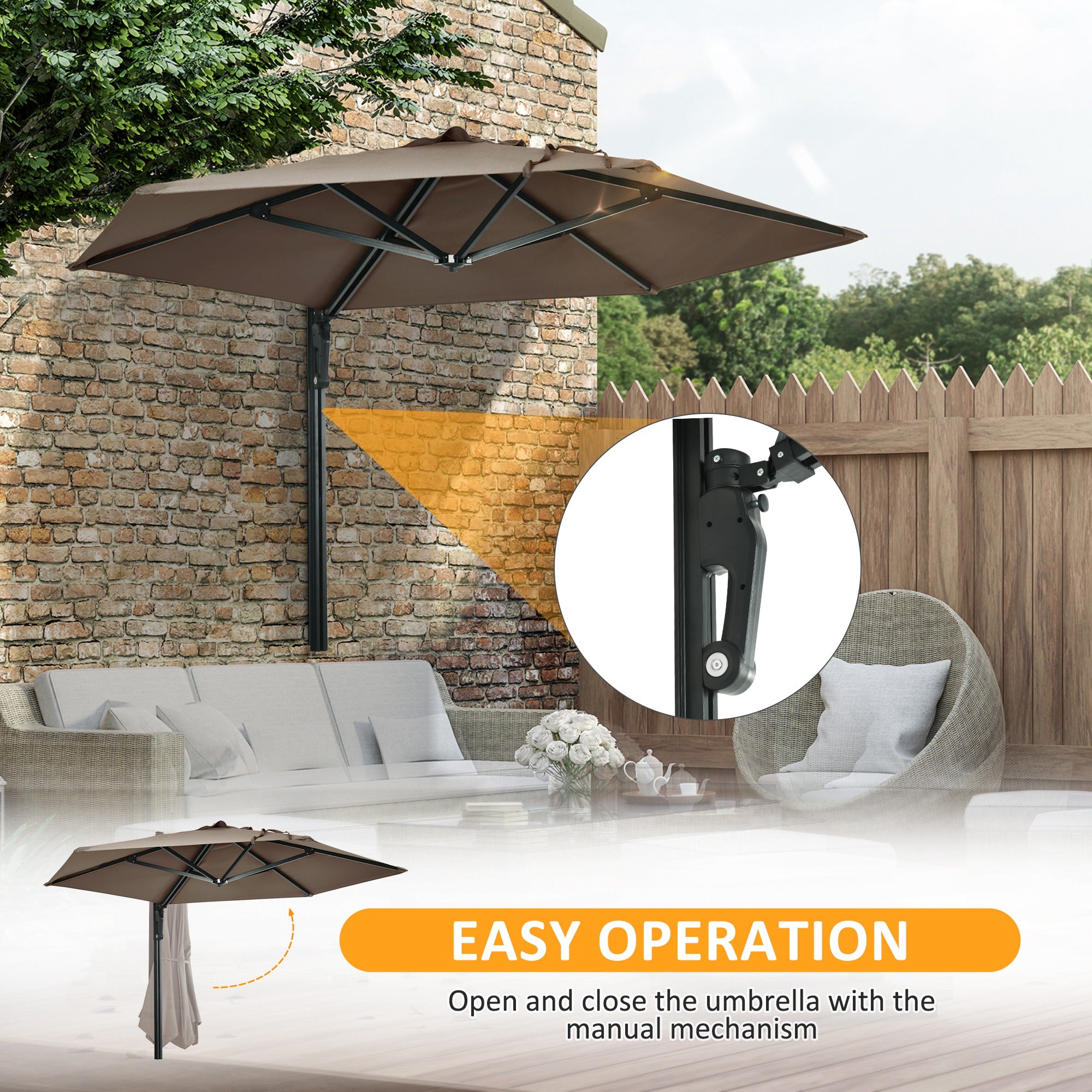 8 ft Wall Mounted Umbrella with 180° Rotatable Canopy, Patio Wall Parasol for Outdoor, Garden, Balcony, Yard, Khaki Sun Umbrellas at Gallery Canada