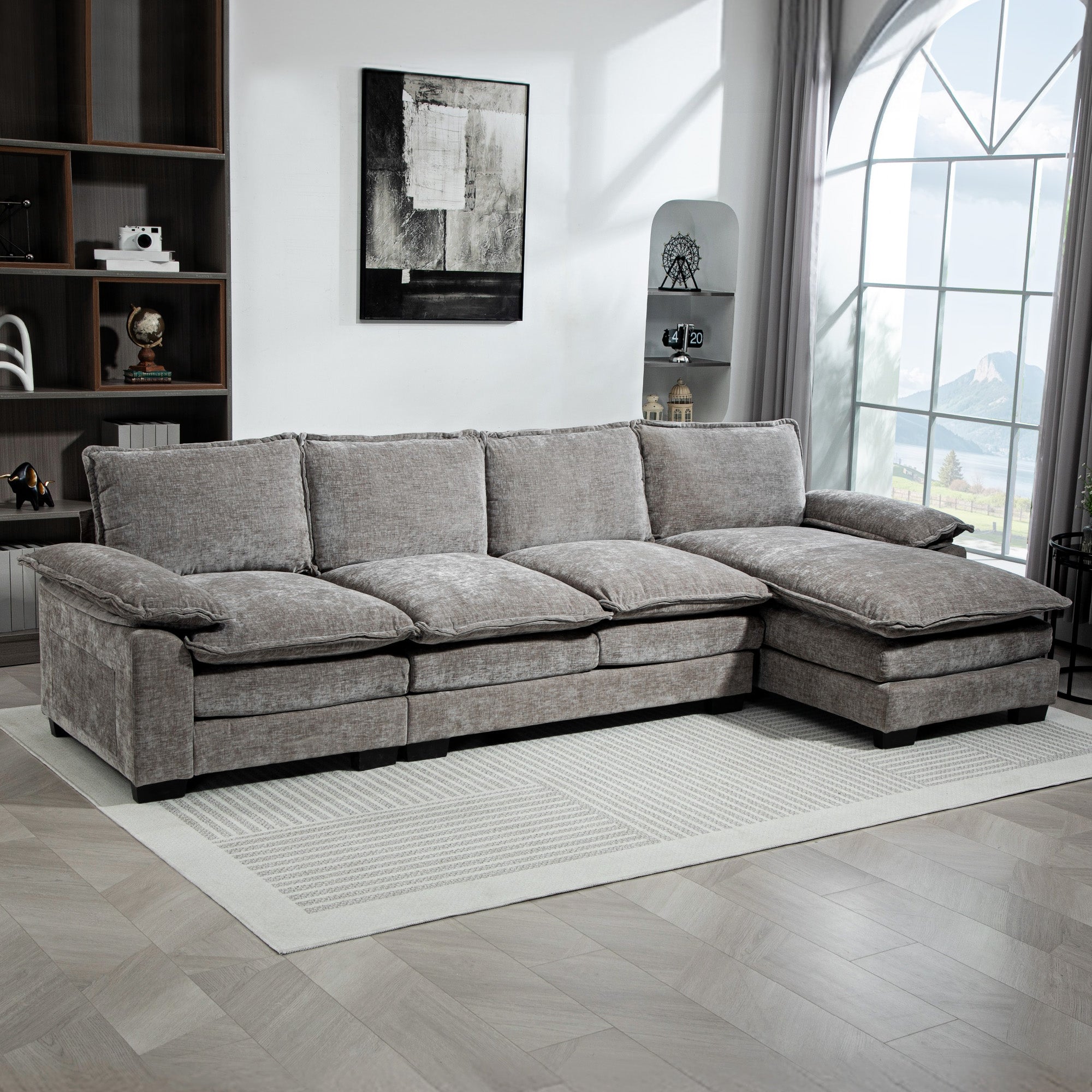 Sofa Couch with Chaise Lounge, Chenille L-shaped Couch with Double-layer Seat Cushion for Living Room, Grey Sofas & Reclining Chairs at Gallery Canada