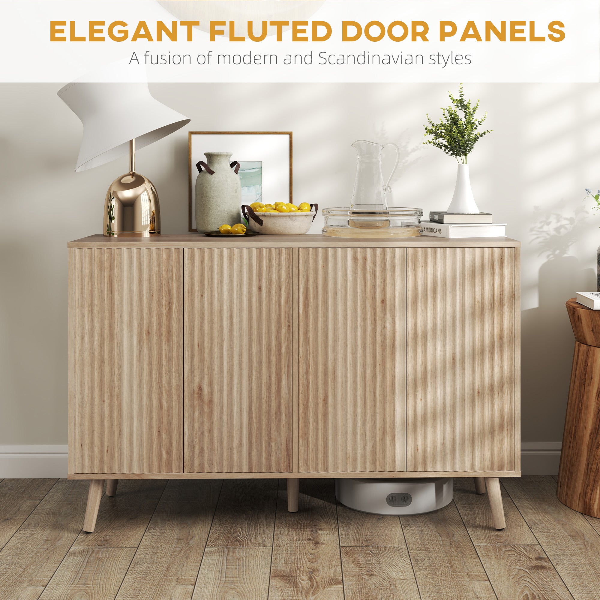 Buffet Cabinet with Storage Modern Fluted Sideboard with Adjustable Shelves Wood Legs for Dining Room Living Room Oak Storage Cabinets at Gallery Canada