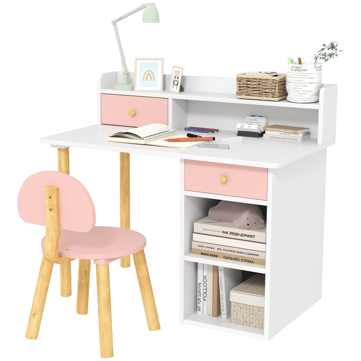 Kids Study Table and Chair Set, Kids Desk and Chair Set w/ Storage and Shelves, for 3-8 Year Old, Pink Kids Desk Sets   at Gallery Canada