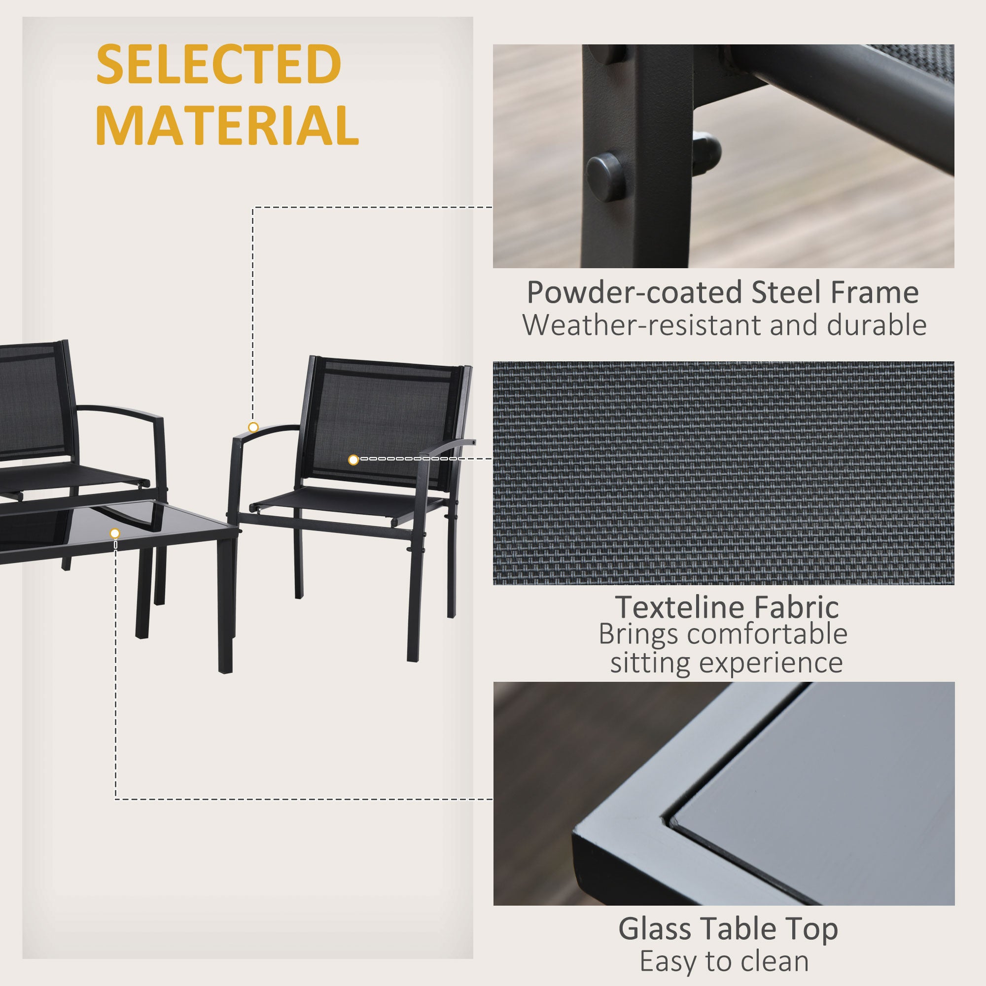4-Piece Patio Furniture Set with Glass Top Coffee Table, Breathable Mesh Seat &; Backrest for Garden, Balcony, Black Patio Furniture Sets at Gallery Canada