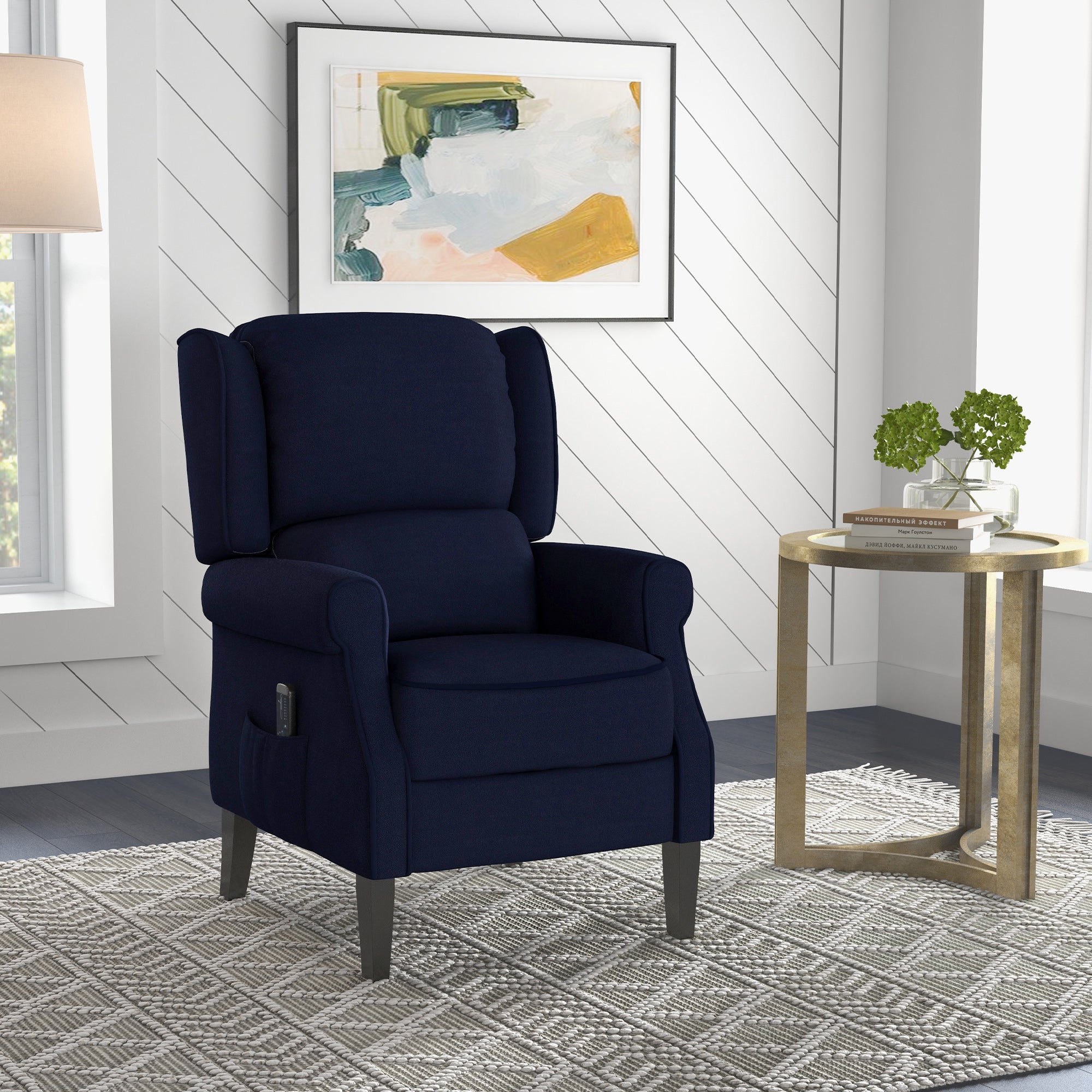 Push Back Recliner Chair, Vibration Massage Recliner for Living Room with Extendable Footrest, Remote, Pocket, Blue Single Sofas at Gallery Canada