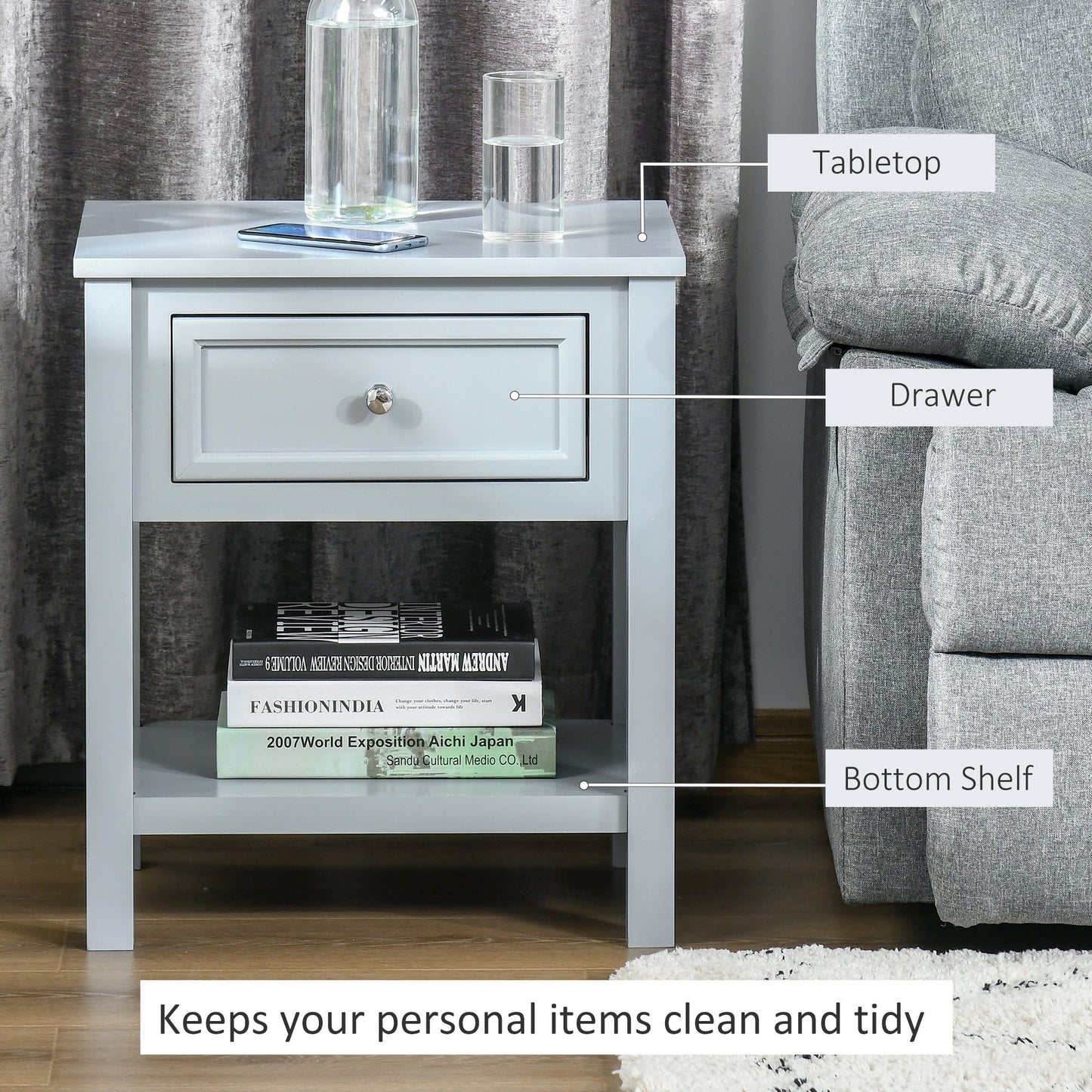 Accent End Table Nightstand with Grey Tabletop, Storage Drawer, and Bottom Shelf, Grey Side Tables   at Gallery Canada