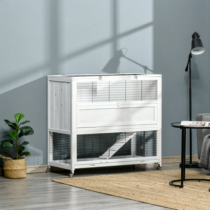 42.5" Wooden Rabbit Hutch Indoor with Wheels, Bunny Cage with Openable Roof, Hut, Slide-out Tray, Ramp, White Rabbit Hutch   at Gallery Canada