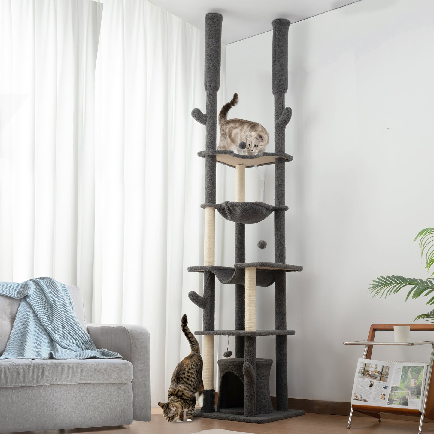 89"-100" Floor to Ceiling Cat Tree Cat Tower for Large Cats w/ Scratching Posts, Grooming Brush Post, Cat Condo, Grey Floor to Ceiling Cat Trees Multi Colour  at Gallery Canada