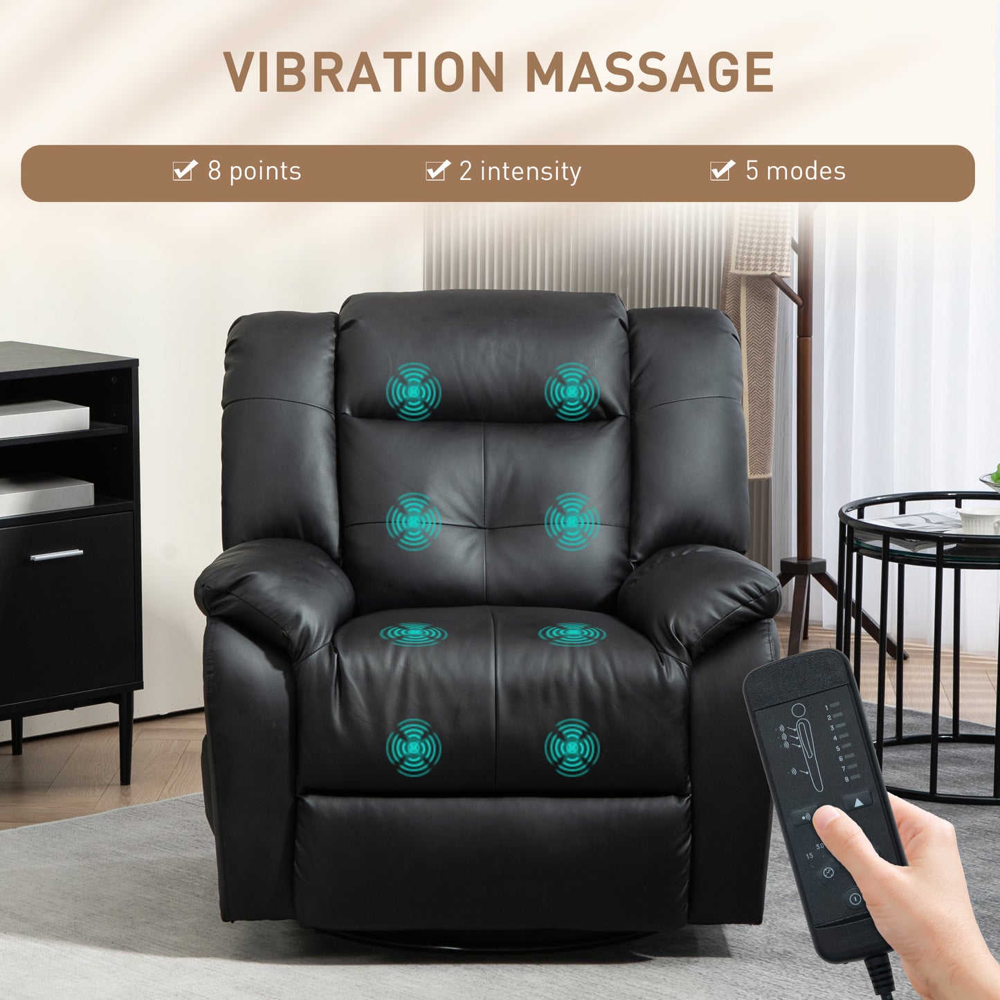 8-Point Vibration Massage Recliner Chair for Living Room, PU Leather Manual Reclining Chair, Swivel Recliner with Remote Control, Rocking Function, Black Single Sofas   at Gallery Canada