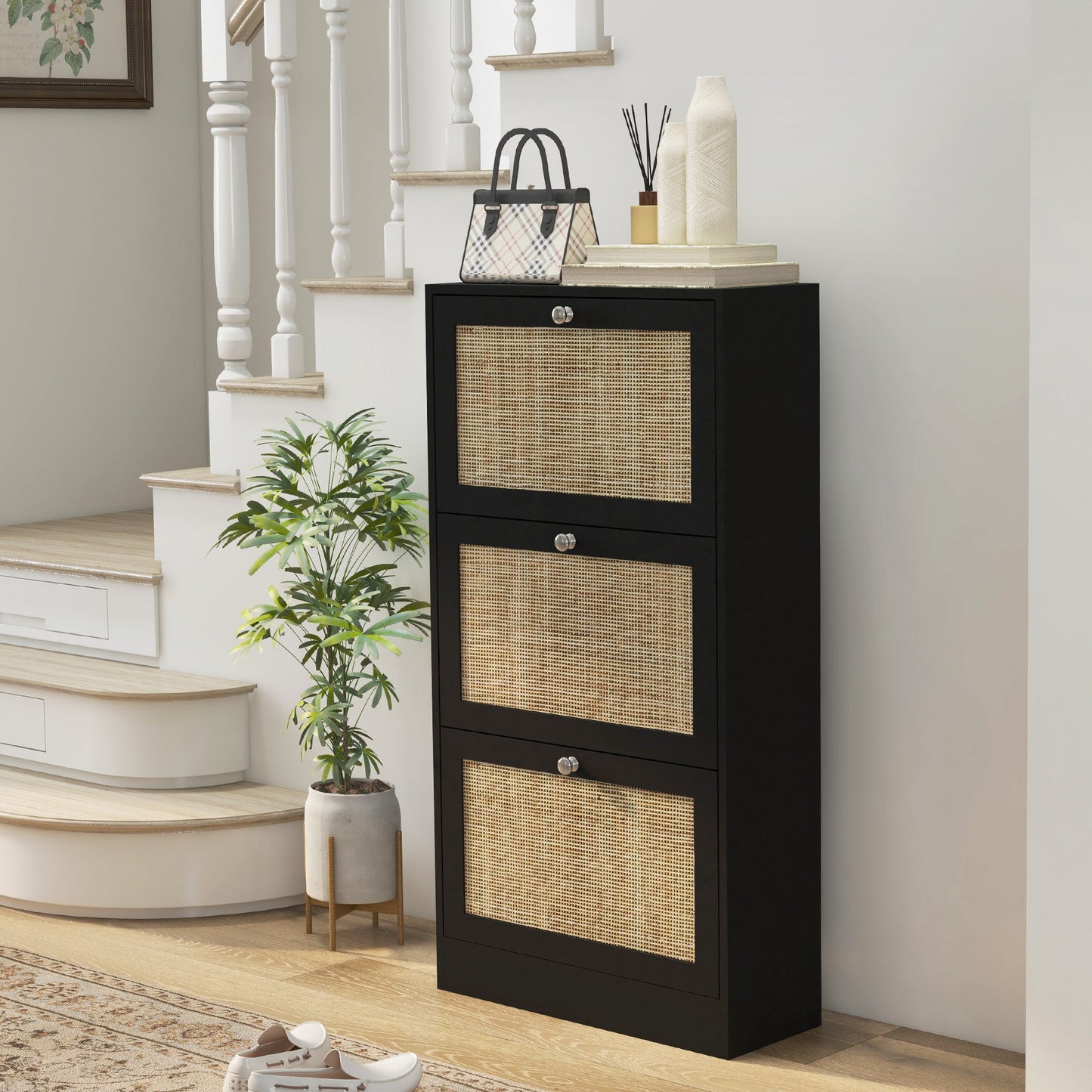 Rattan Shoe Cabinet with 3 Flip Drawers and Adjustable Shelves, Shoe Storage Cabinet for 18 Pairs of Shoes for Entryway, Hallway, Black Shoe Storage Cabinets & Racks   at Gallery Canada