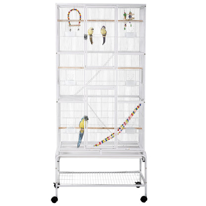 71" Bird Cage with Wheels Perches, Ramp, Storage Shelf, Toys for Canaries, Finches, Cockatiels, Parakeets, White Bird Cages White  at Gallery Canada