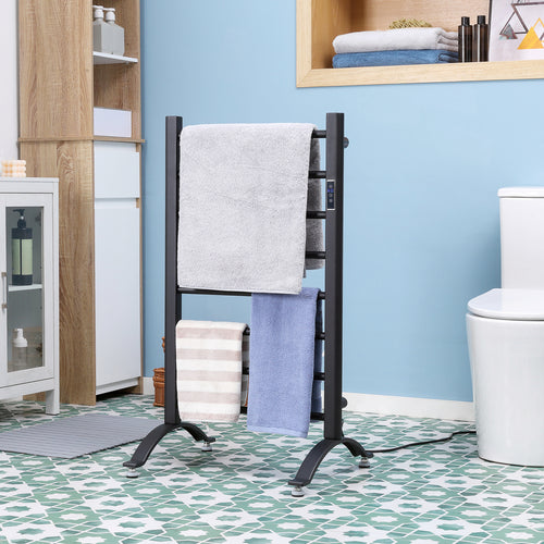 8-Bar Bathroom Heated Towel Rail with Built-in Timer and Led Indicators, Wall Mounted &; Free Standing Carbon Steel Electric Towel Warmer Towel Drying Rack, Plug-in, Black