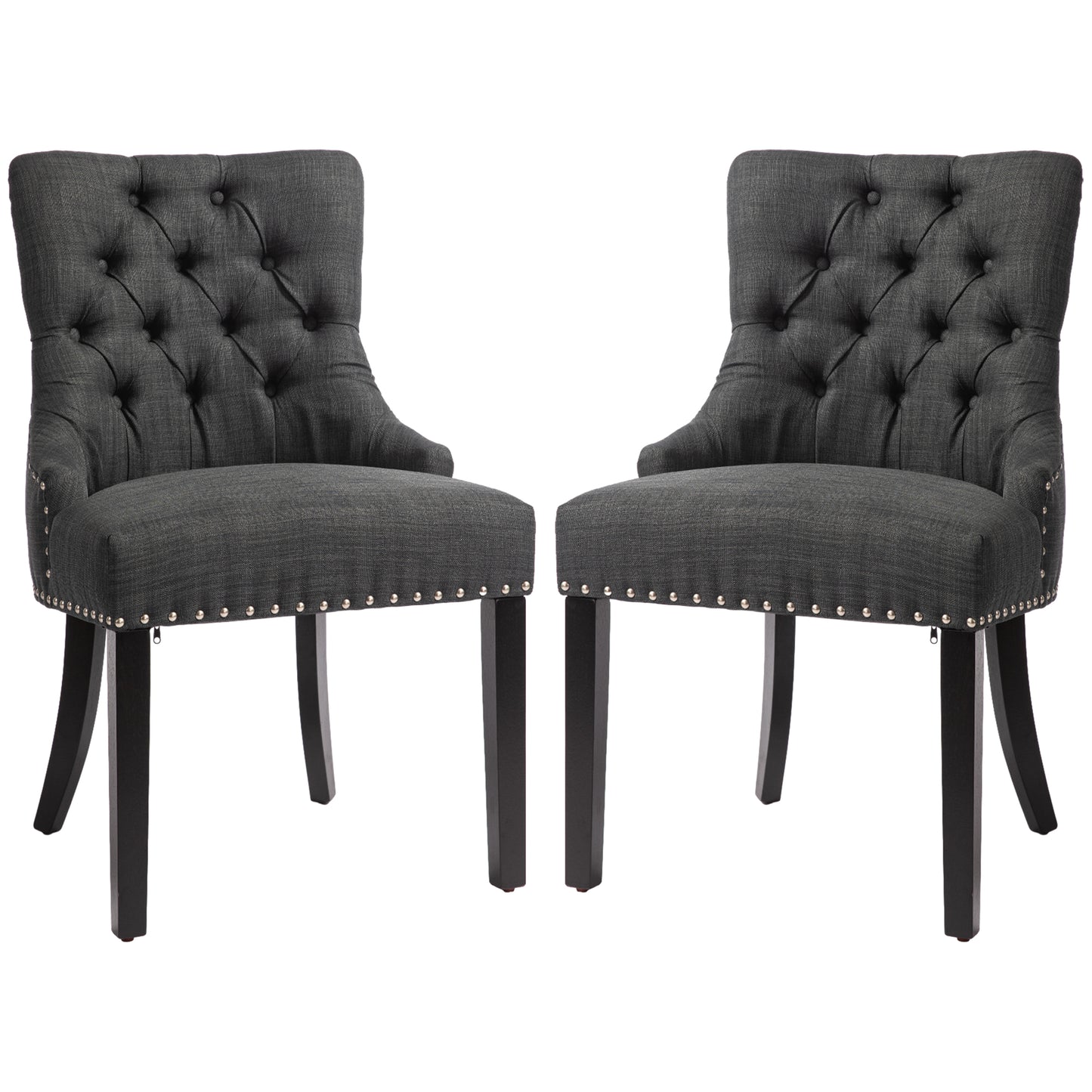 Swoop Air Linen Fabric Dining Chair Set of 2 with Nailhead Trim and Wood Legs Dark Grey Dining Chairs   at Gallery Canada