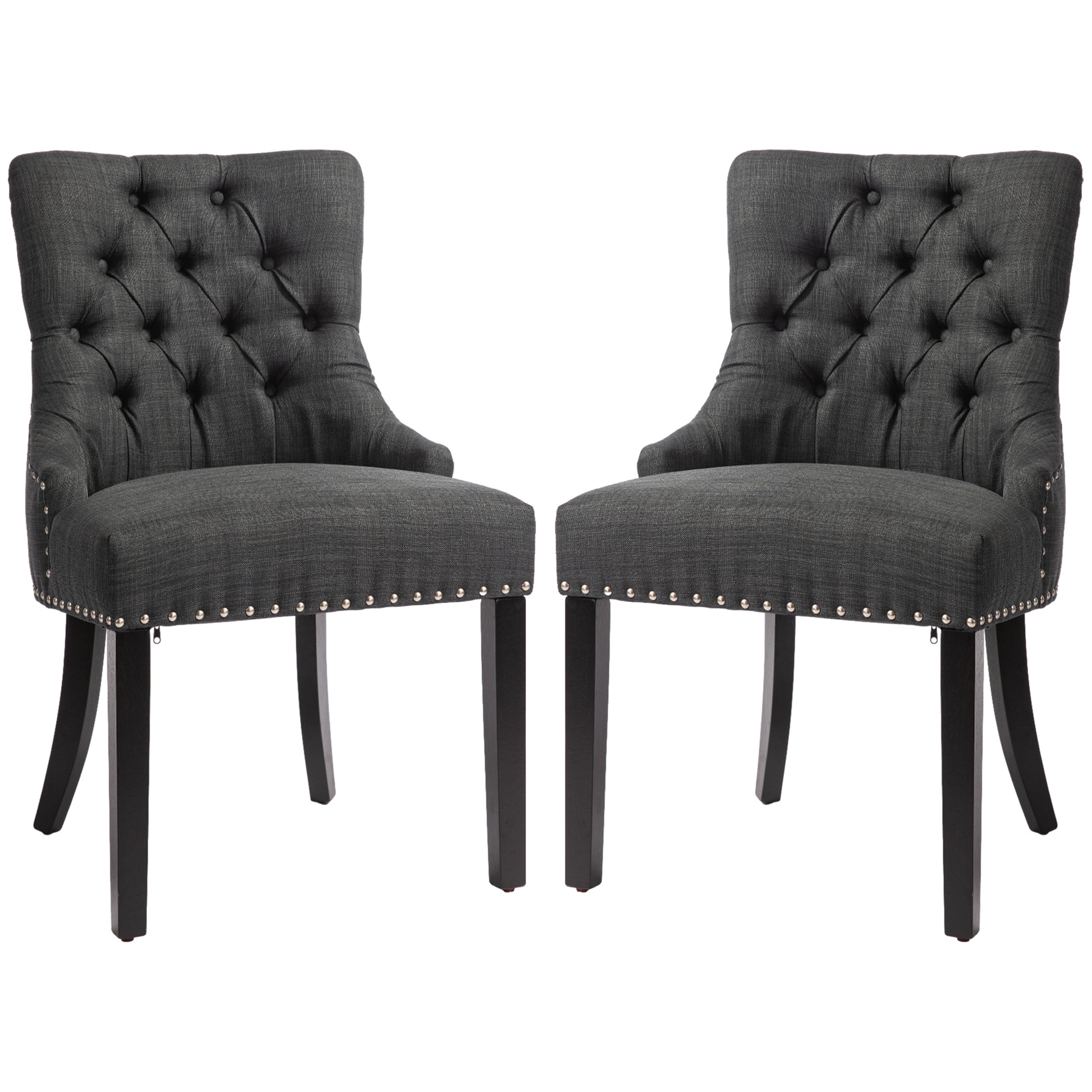 Swoop Air Linen Fabric Dining Chair Set of 2 with Nailhead Trim and Wood Legs Dark Grey Dining Chairs   at Gallery Canada