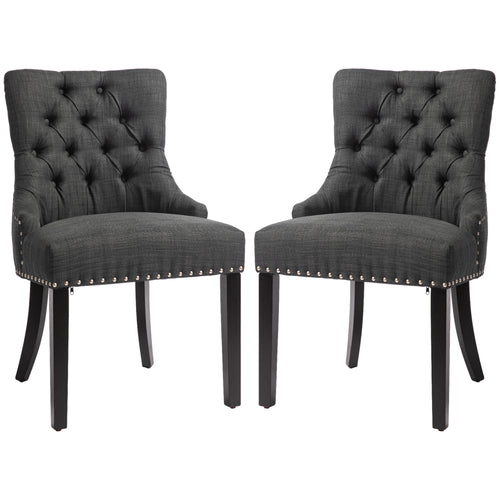 Swoop Air Linen Fabric Dining Chair Set of 2 with Nailhead Trim and Wood Legs Dark Grey