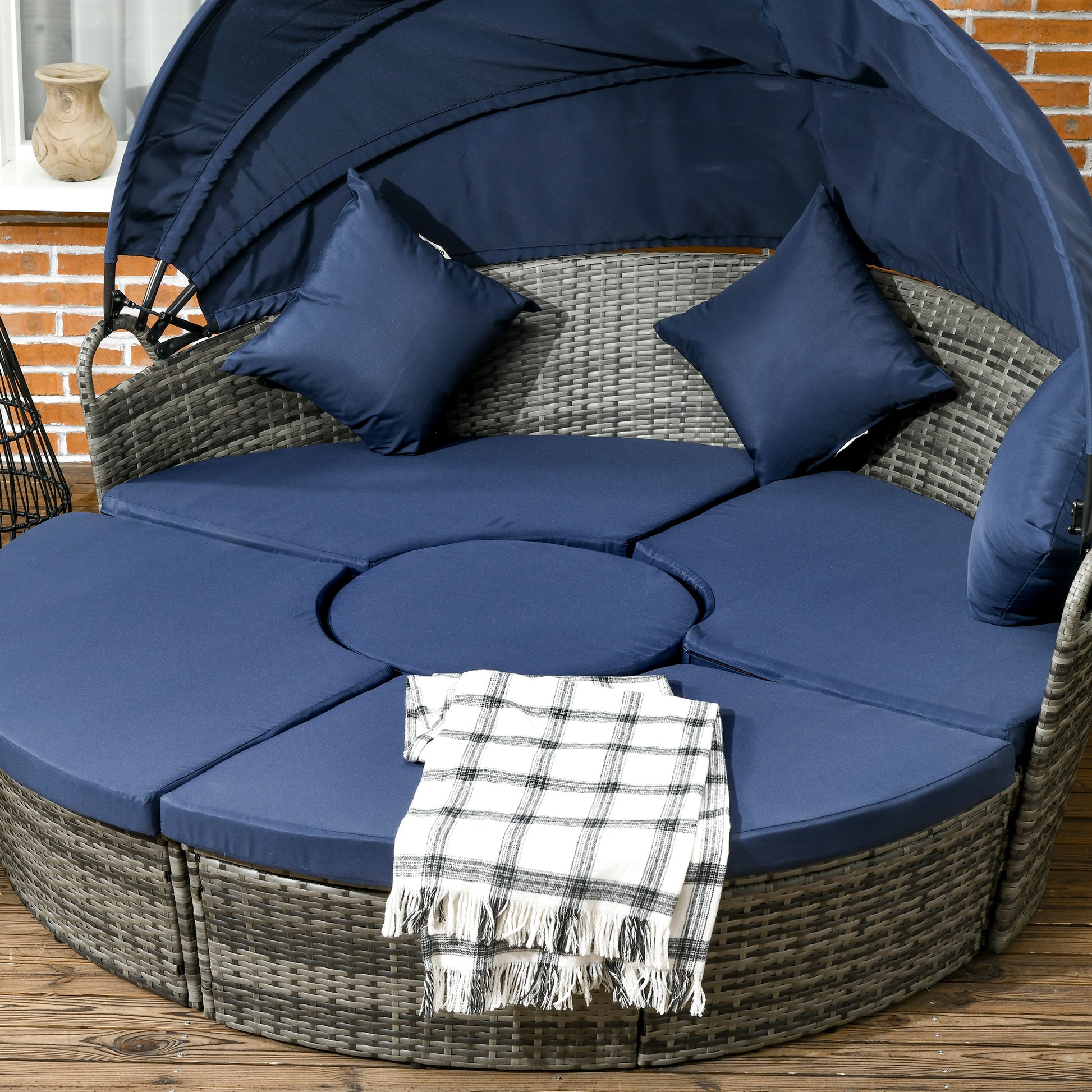 PE Rattan Wicker Outdoor Daybed with Retractable Canopy, Cushions, Dark Blue Daybeds   at Gallery Canada