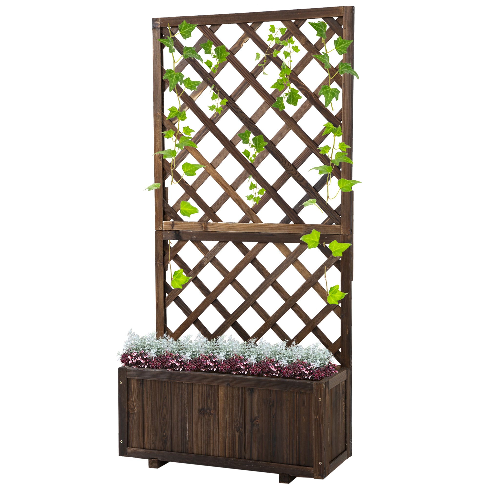 2.4 x 1 x 4.9 ft Garden Wooden Pine Trough Planter with Topped Trellis Climbing Plants Flower Raised Bed, Carbonized Wooden Planter Boxes at Gallery Canada