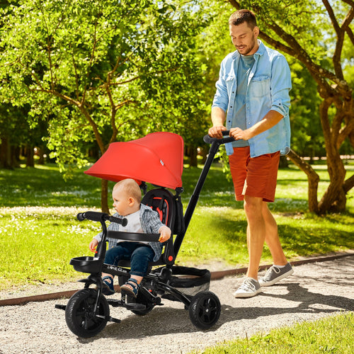 4-in-1 Baby Tricycle with Adjustable Seat, Handle, Canopy, Brake, Red