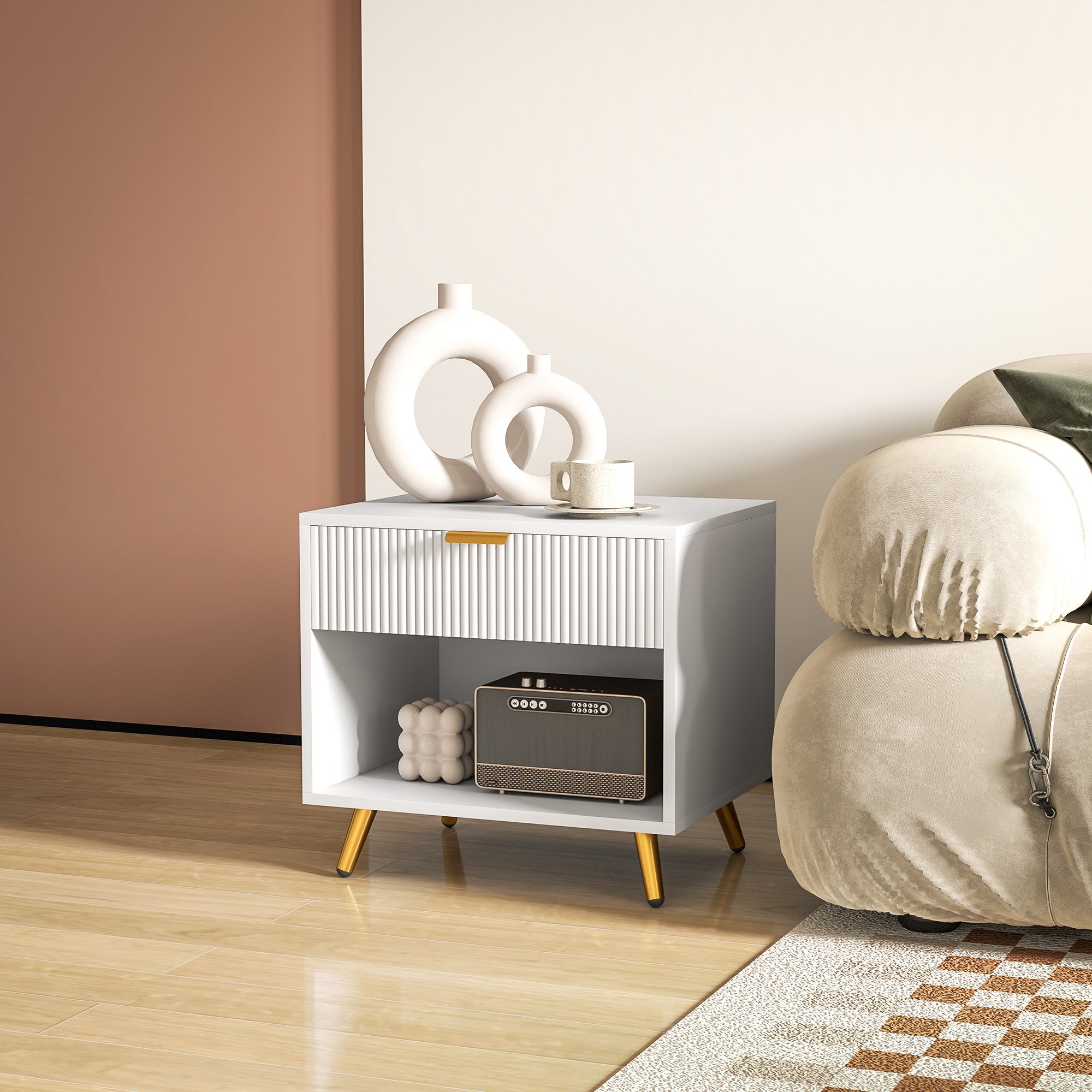 Nightstand with Fluted Panel, Bedside Table with Drawer and Open Compartment, Modern Night Table for Bedroom, White Bedside Tables at Gallery Canada