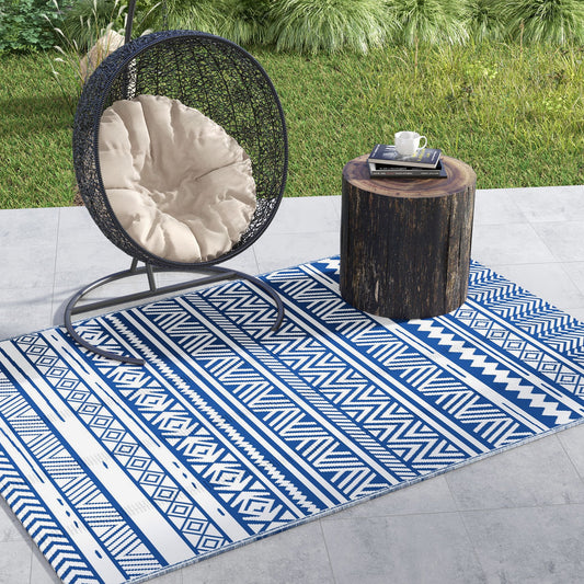 Reversible Outdoor Rug, Patio Floor Mat, 6' x 9' Plastic Rug for Backyard, Deck, Beach, Camping, Dark Blue and White Garden Decor at Gallery Canada