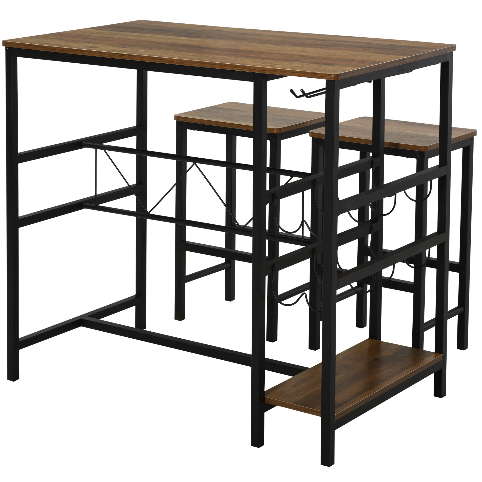3 Pieces Bar Table Set, Counter Height Table with 8-bottle Wine Rack and Cup Holder, 2 Stools with Metal Frame for Kitchen, Dining Room, Living Room, Pub Bar Sets Natural Wood, Black at Gallery Canada