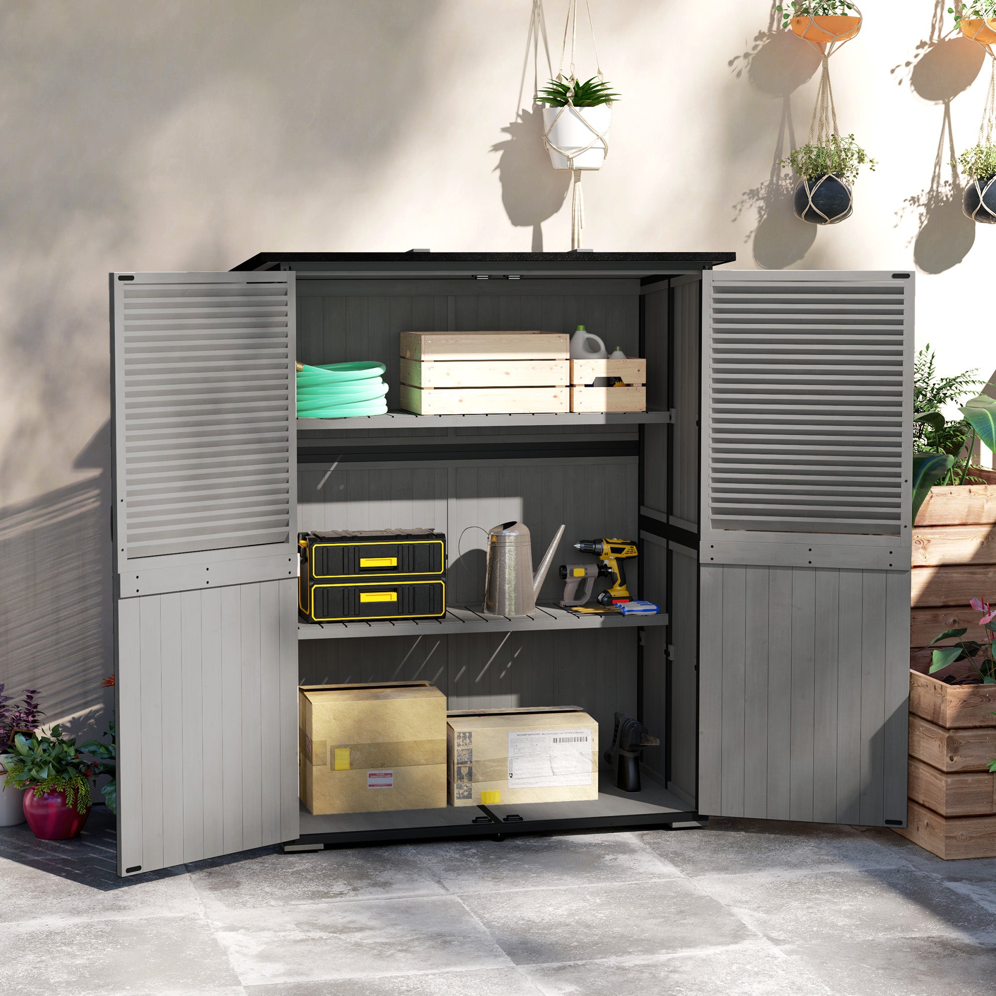 Outdoor Storage Cabinet, Wood Garden Shed with Steel Frame, Asphalt Roof, 2 Shelves and Lockable Doors, Grey Sheds at Gallery Canada
