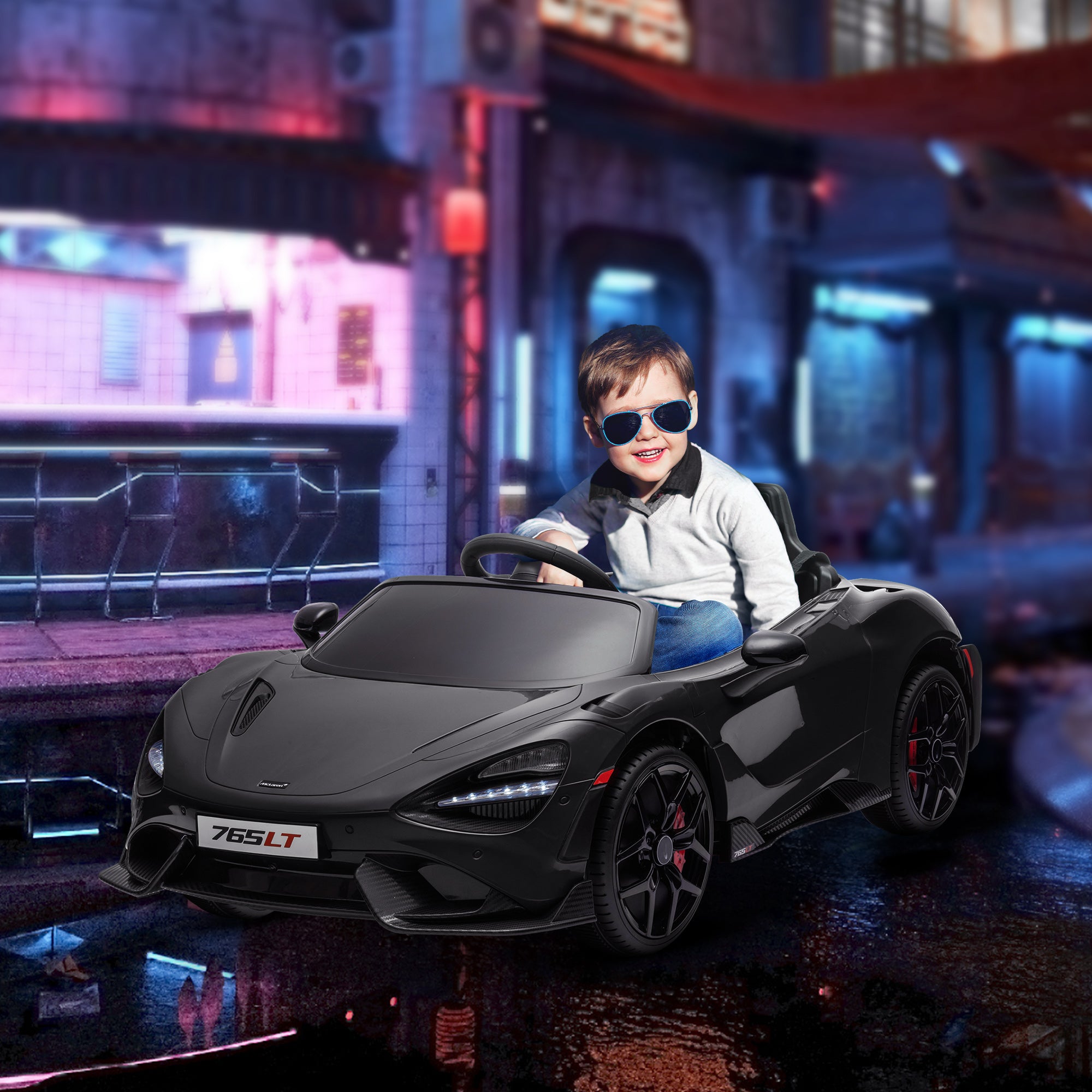 McLaren 765LT Licensed 12V Kids Electric Car w/ Scissor Doors, Training Wheels, Remote, Slow Start, Music Horn Black Electric Toy Cars Black  at Gallery Canada