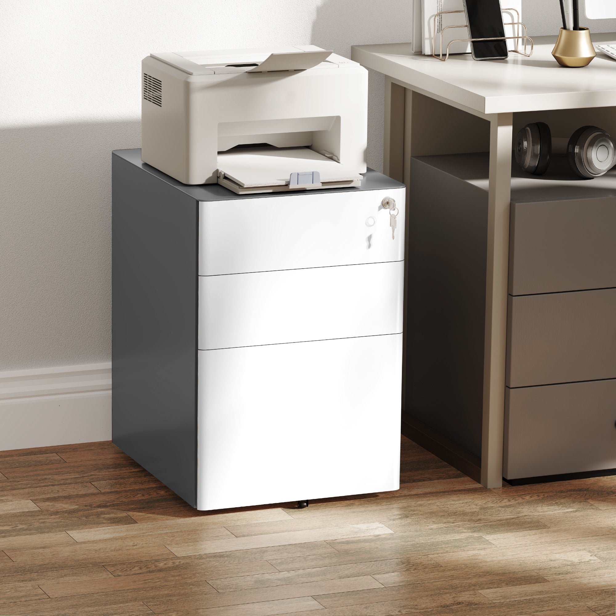 3 Drawer Filing Cabinet, Home Office Storage Cabinet with Wheels, Lock for A4, Letters, Legal-sized Files, Grey and White Office Cabinets & Cupboards at Gallery Canada