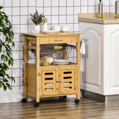 Rolling Kitchen Island Cart, Utility Bamboo Storage Rack, Serving Cart with Drawer, Wire Basket and Cabinet for Dining Room, Natural Kitchen Islands & Kitchen Carts   at Gallery Canada