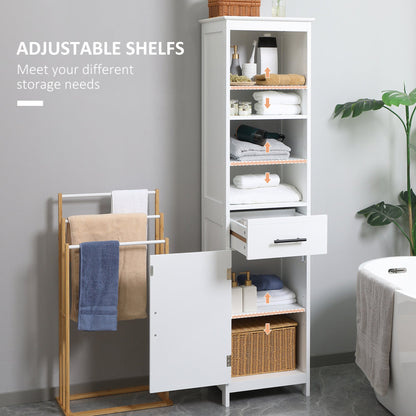 Tall Bathroom Storage Cabinet, Free Standing Bathroom Cabinet Slim Side Organizer w/ 3-Tier Open Shelf, Door, and Drawer, White Bathroom Cabinets   at Gallery Canada