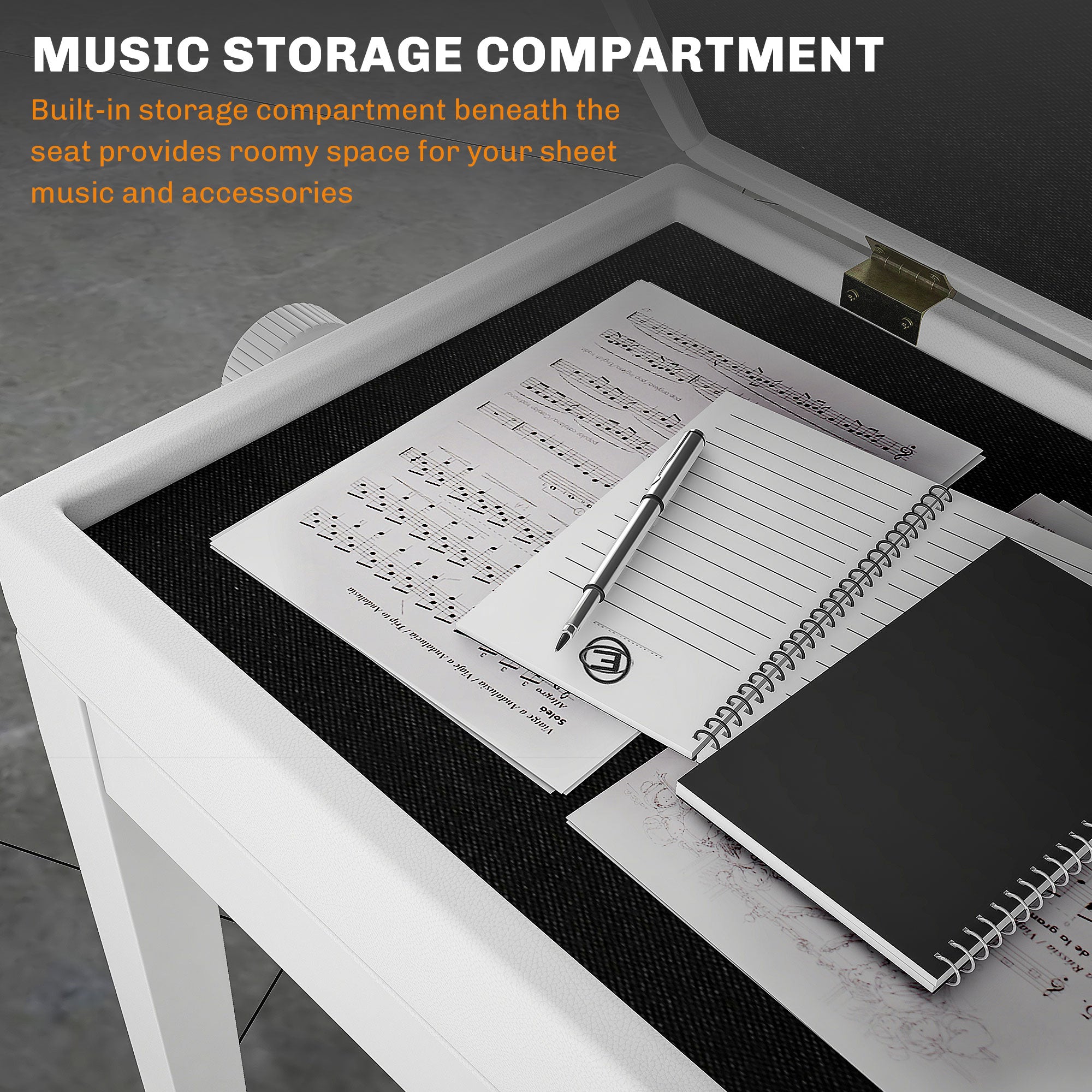 Adjustable Piano Bench with Storage and Soft PU Leather Padded, with Enough Music Storage Design, White Piano Benches   at Gallery Canada