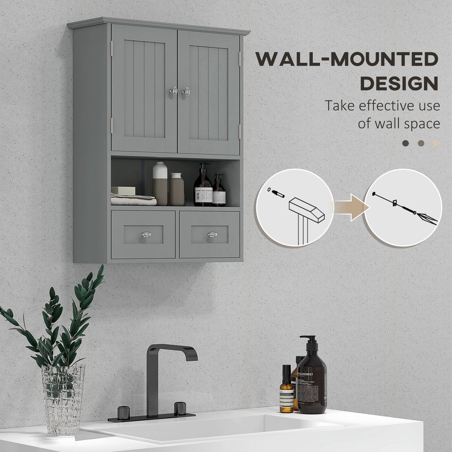 Bathroom Wall Cabinet, Medicine Cabinet, Over Toilet Storage Cabinet with Shelf and Drawers for Hallway, Living Room, Grey Wall Mounted Cabinets   at Gallery Canada