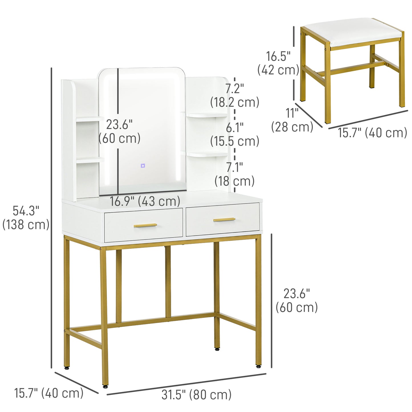 Makeup Vanity Desk Set with LED Lighting Mirror, Stool, Drawers, Shelves, Dressing Table for Bedroom, White Dressing & Vanity Tables   at Gallery Canada