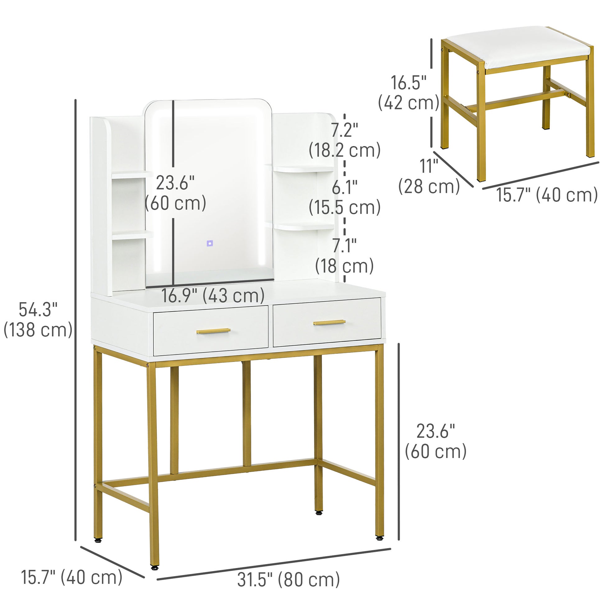 Makeup Vanity Desk Set with LED Lighting Mirror, Stool, Drawers, Shelves, Dressing Table for Bedroom, White Dressing & Vanity Tables   at Gallery Canada