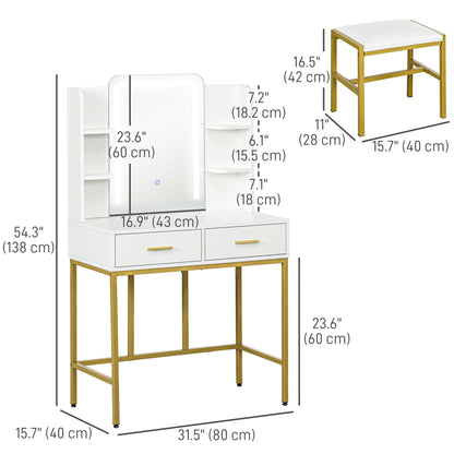 Makeup Vanity Desk Set with LED Lighting Mirror, Stool, Drawers, Shelves, Dressing Table for Bedroom, White Dressing & Vanity Tables   at Gallery Canada