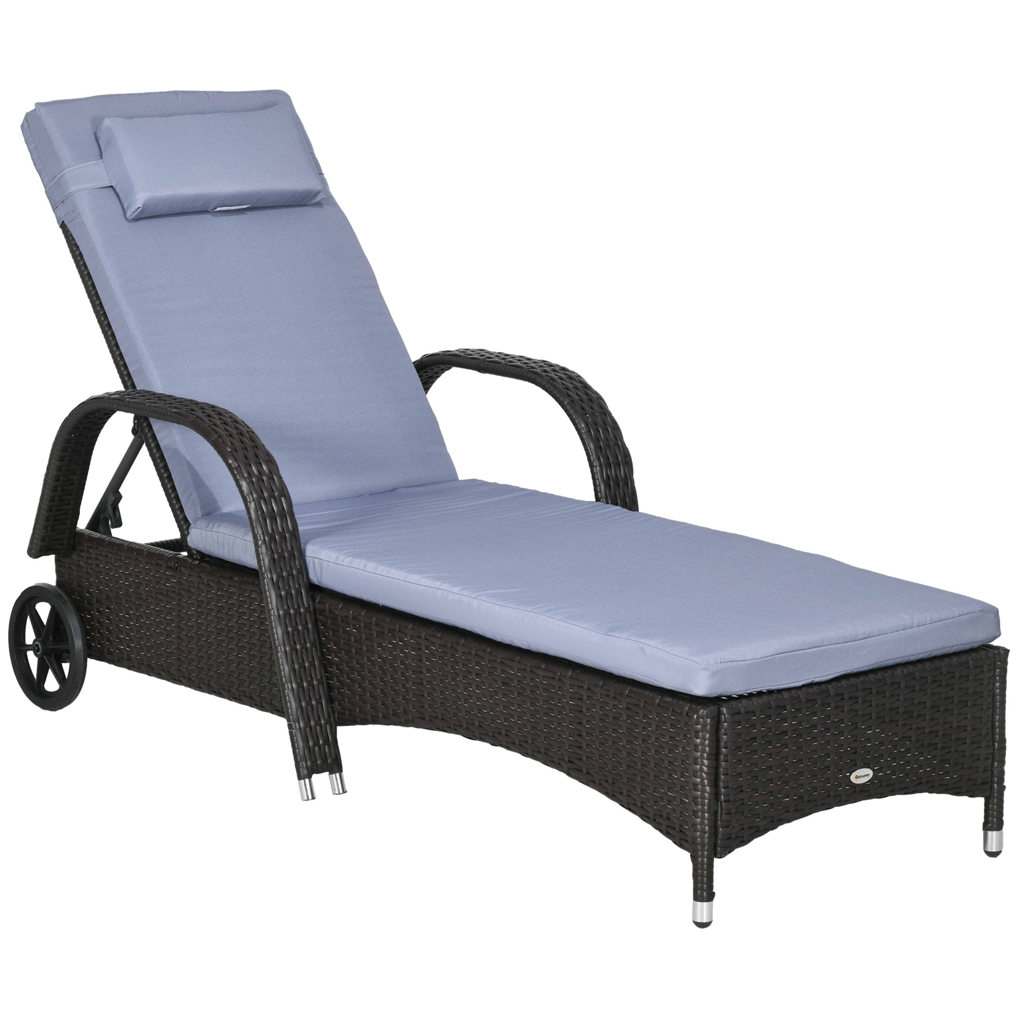 Outdoor Lounger, Deck Lounge Chair with Headrest, 5-Level Adjustable, Backrest, Wheels, Deep Coffee and Light Grey Chaise Loungers   at Gallery Canada