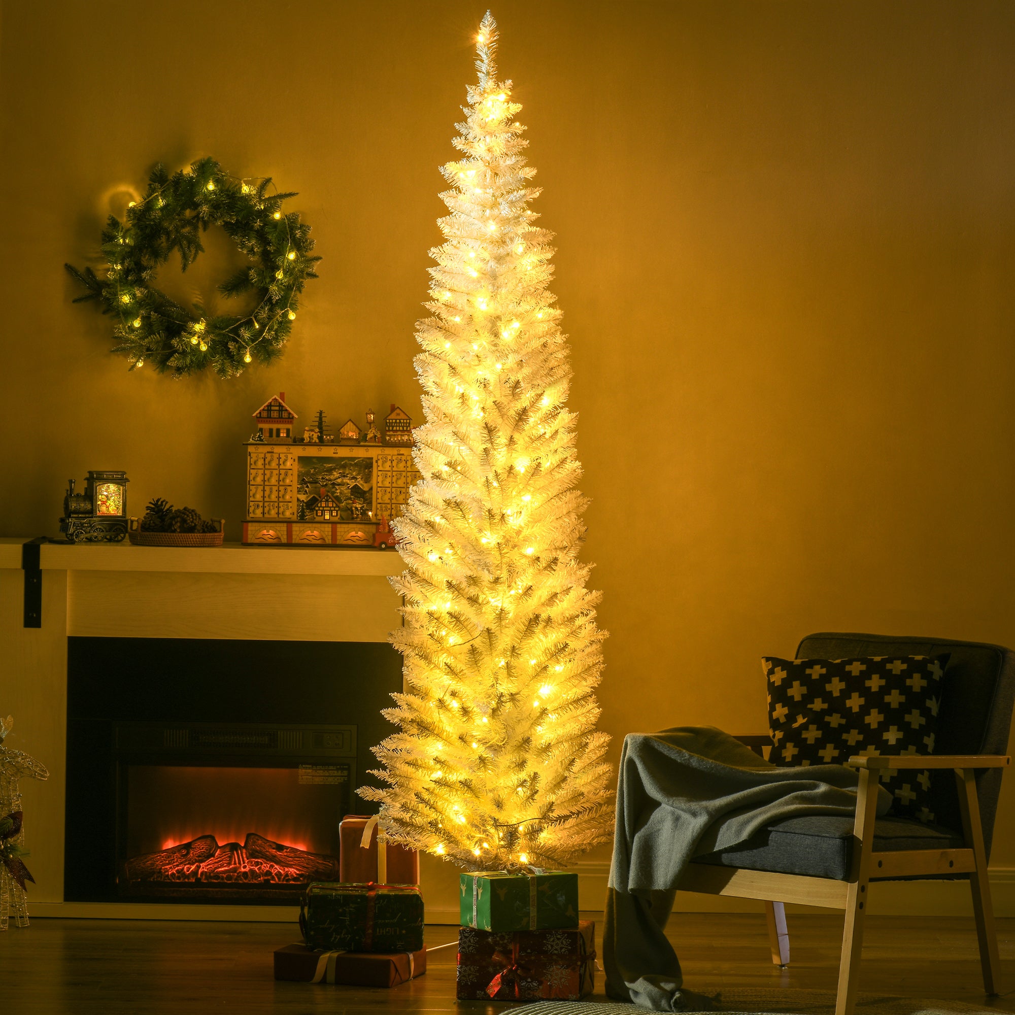 7' Pre Lit Artificial Pencil Christmas Trees, Xmas Tree with Realistic Branches and Warm White LED Lights, White Pencil Christmas Trees at Gallery Canada