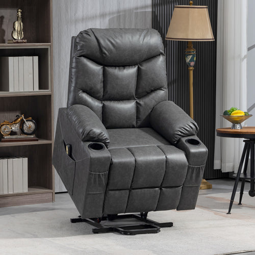 Lift Chair for Elderly, PU Leather Electric Recliner Chair with Quick Assembly, Remote, Cup Holders, Side Pockets, Grey
