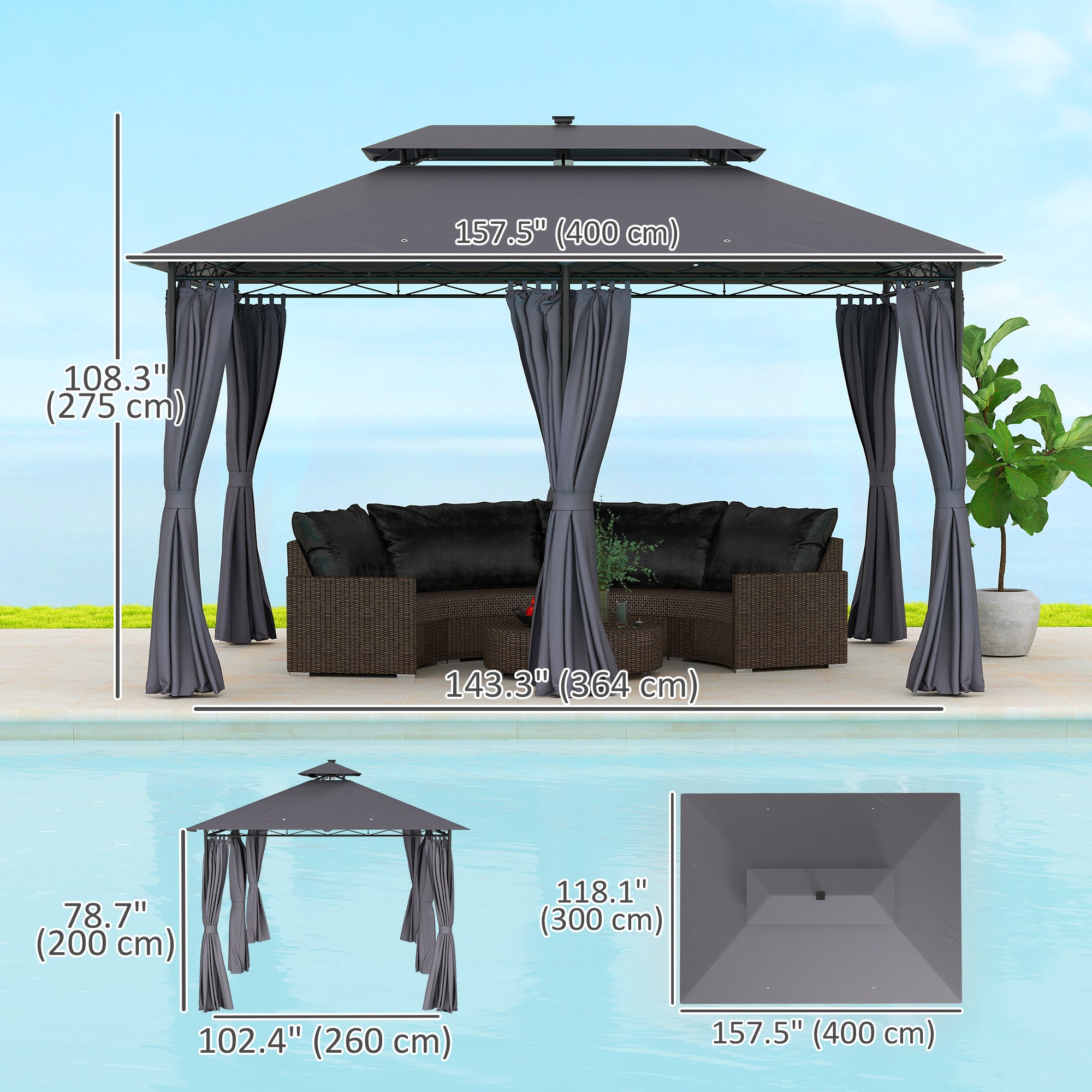 10' x 13' Outdoor Gazebo with Curtains and Solar-Powered LED Lights, Double Roof Patio Gazebo Canopy Shelter Gazebos at Gallery Canada