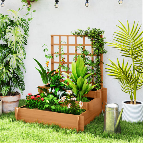 Wooden Elevated Planter Box with Trellis for Climbing Plants, 3 Tier Raised Garden Bed for Garden, Outdoor, Brown