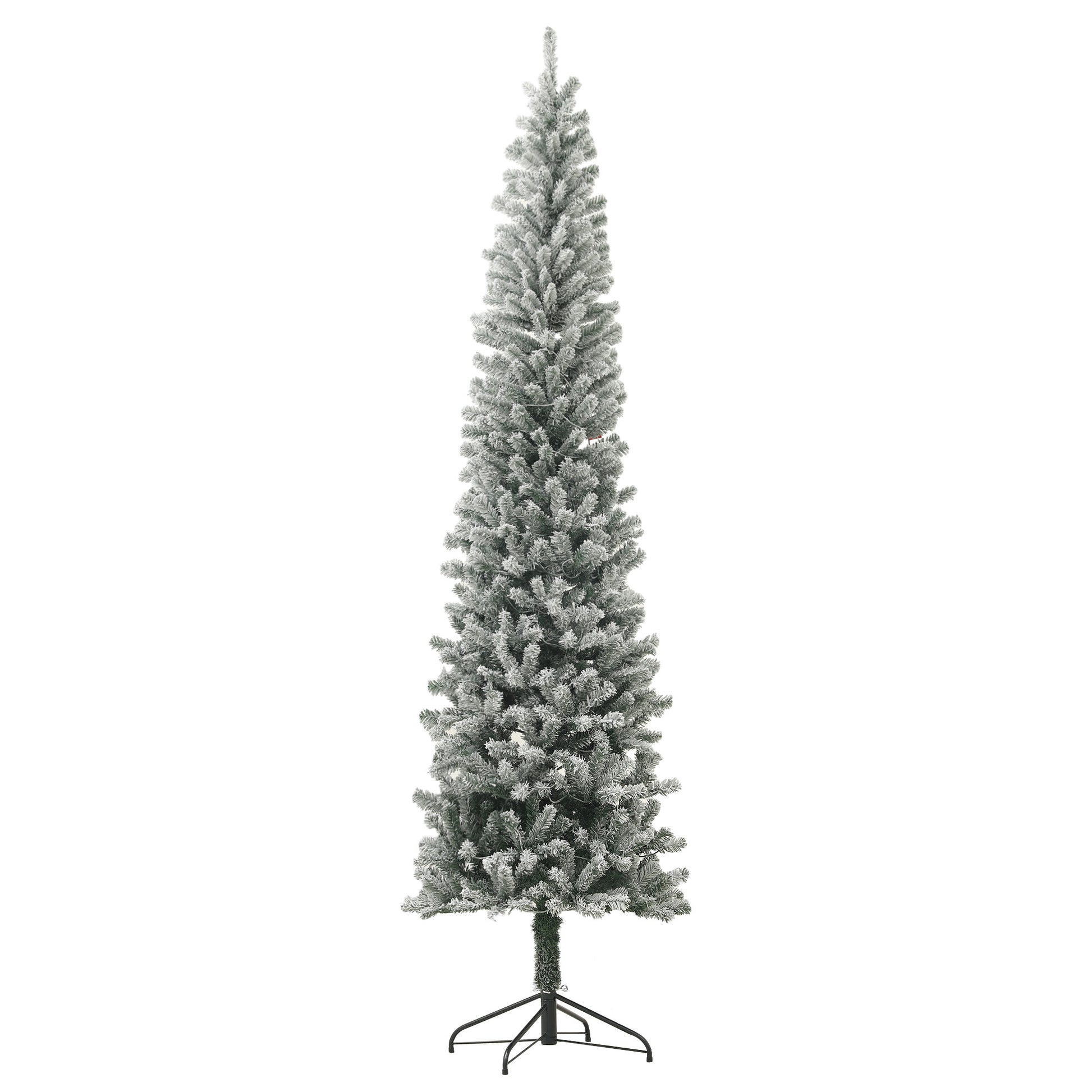 9ft Prelit Pencil Artificial Christmas Tree, Flocked Xmas Tree with Dual Colour LED Lights, 895 Tips and Metal Stand Pre Lit Christmas Trees   at Gallery Canada