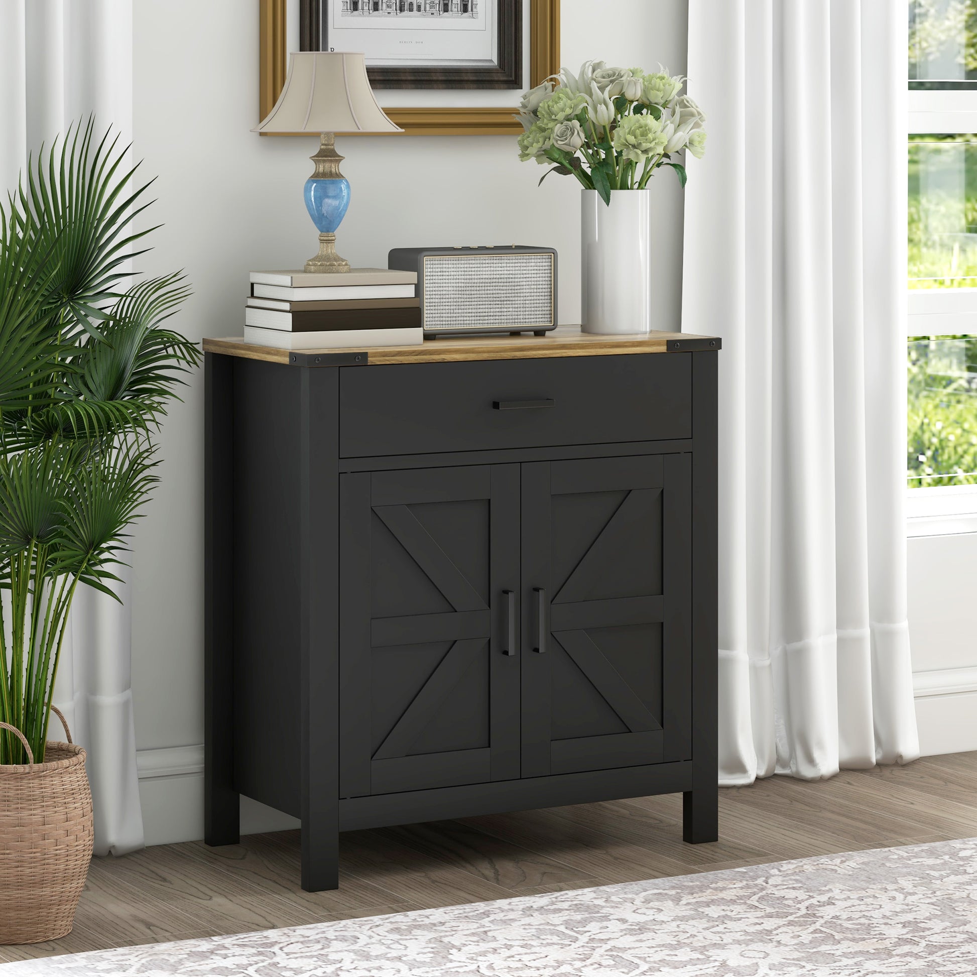 Farmhouse Buffet Cabinet Sideboard with 1 Drawer, 1 Storage Cabinet and Adjustable Shelf, Black Bar Cabinets   at Gallery Canada